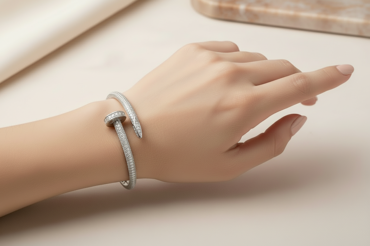 Sterling silver open nail bangle with VVS Moissanite stones