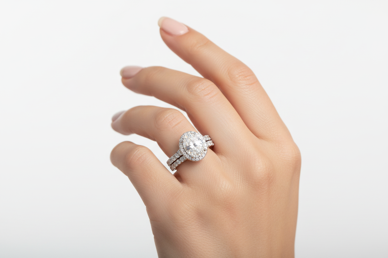 Oval 2 carat moissanite engagement ring with halo and band in sterling silver