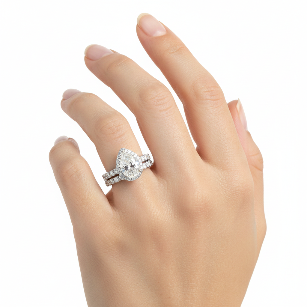 Sparkling pear cut moissanite ring set with halo and matching band in sterling silver