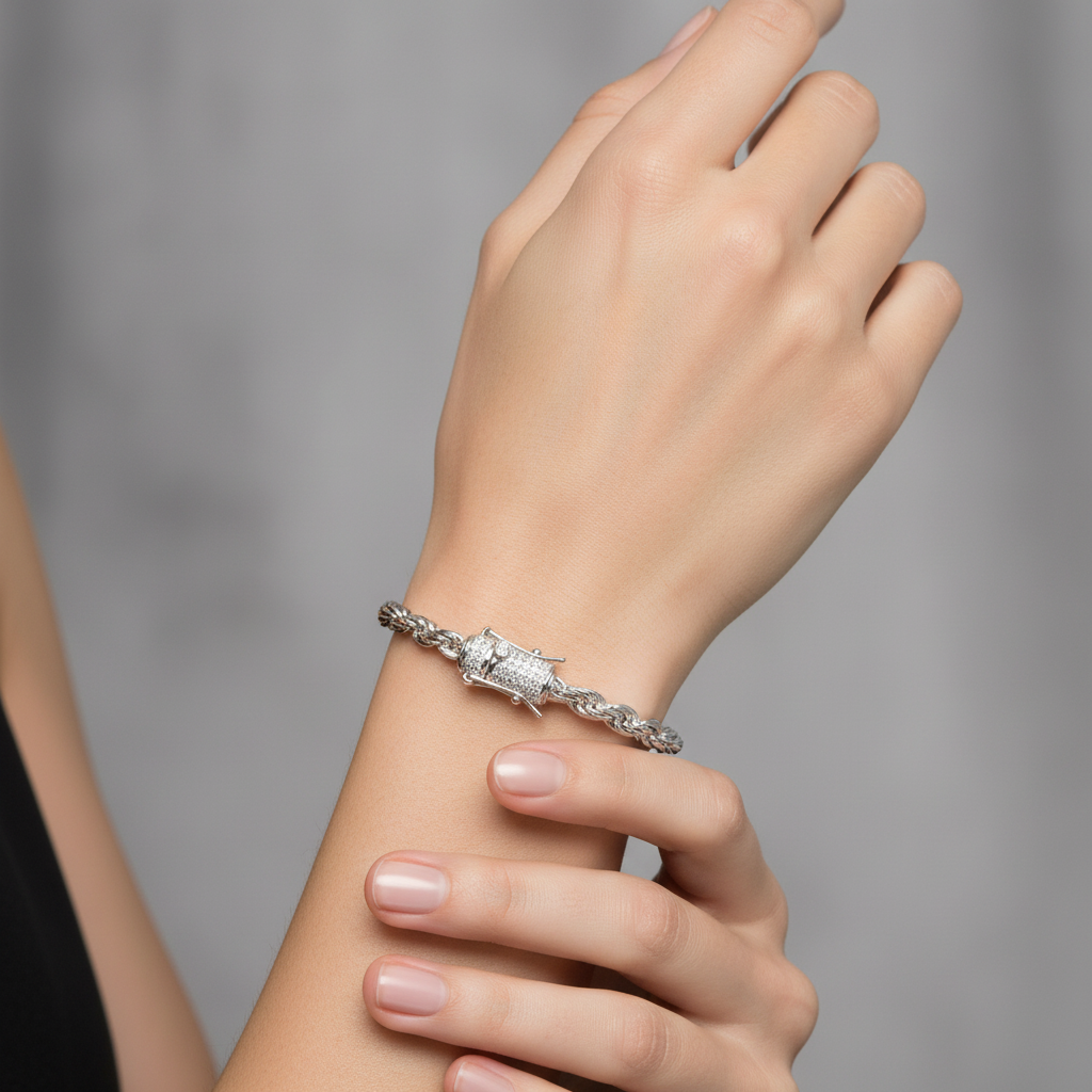 Sterling Silver rope bracelet with VVS Moissanite clasp accents