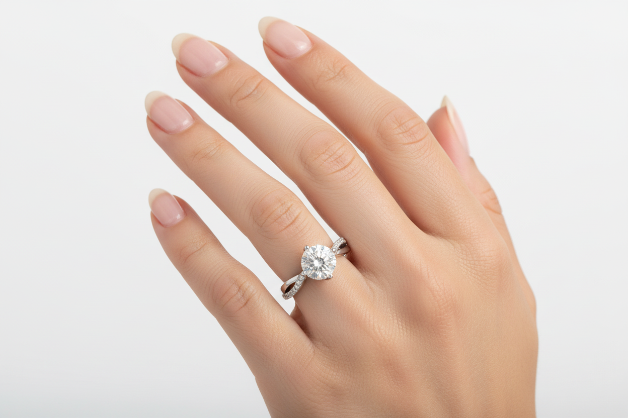 VVS moissanite solitaire ring with twisted band design on model