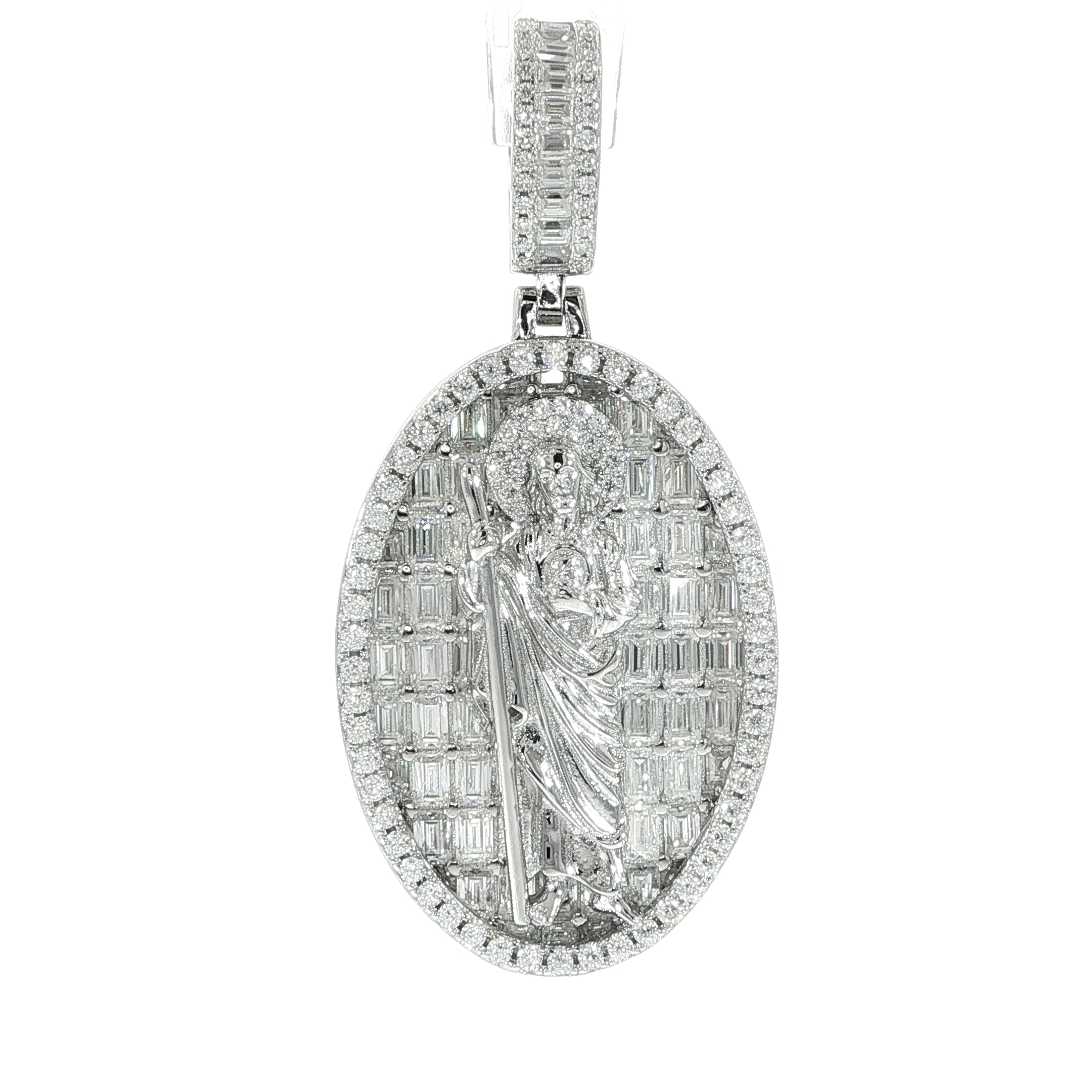 Saint Jude oval medallion with baguette and round VVS moissanite accents.