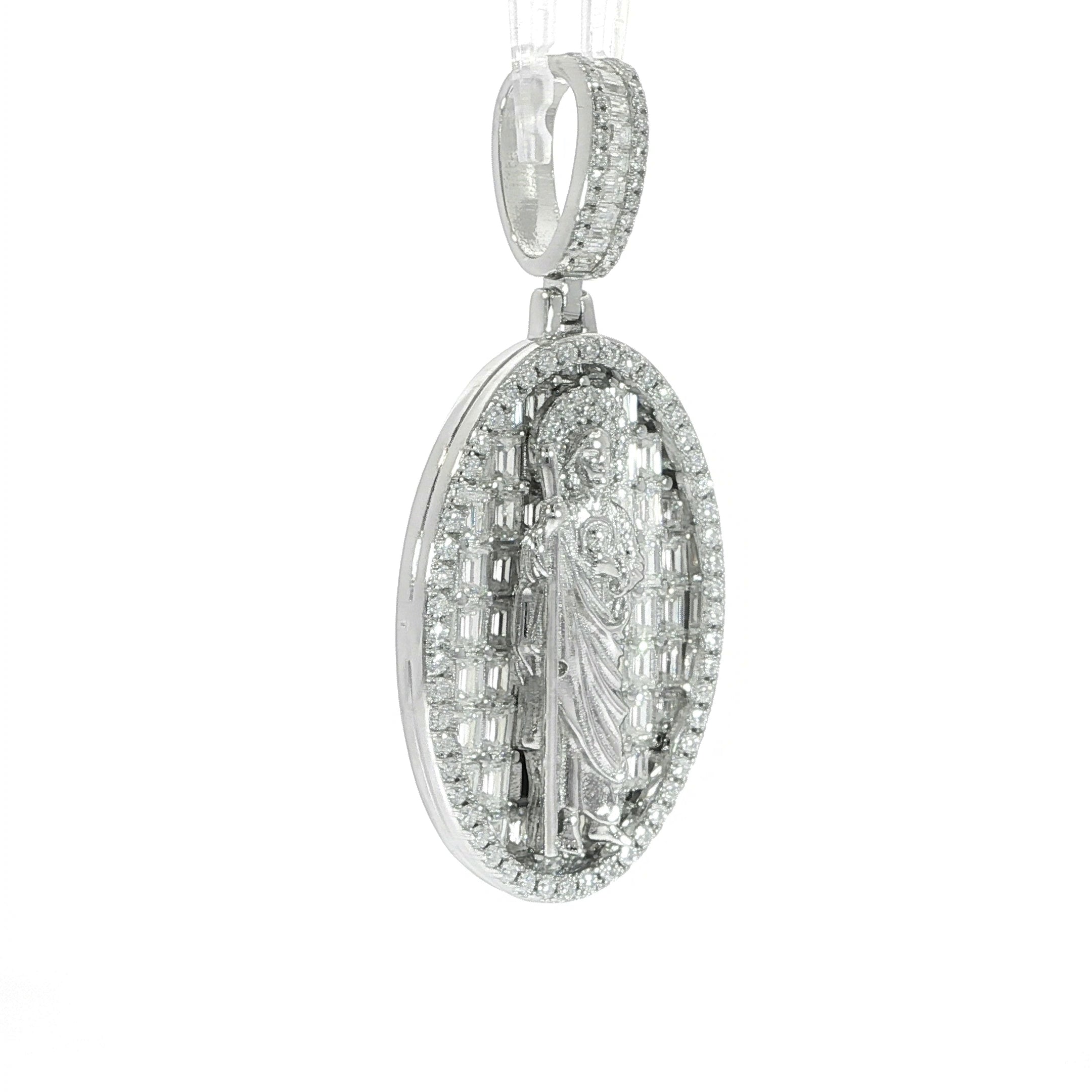 Patron saint pendant featuring brilliant VVS moissanite stones.