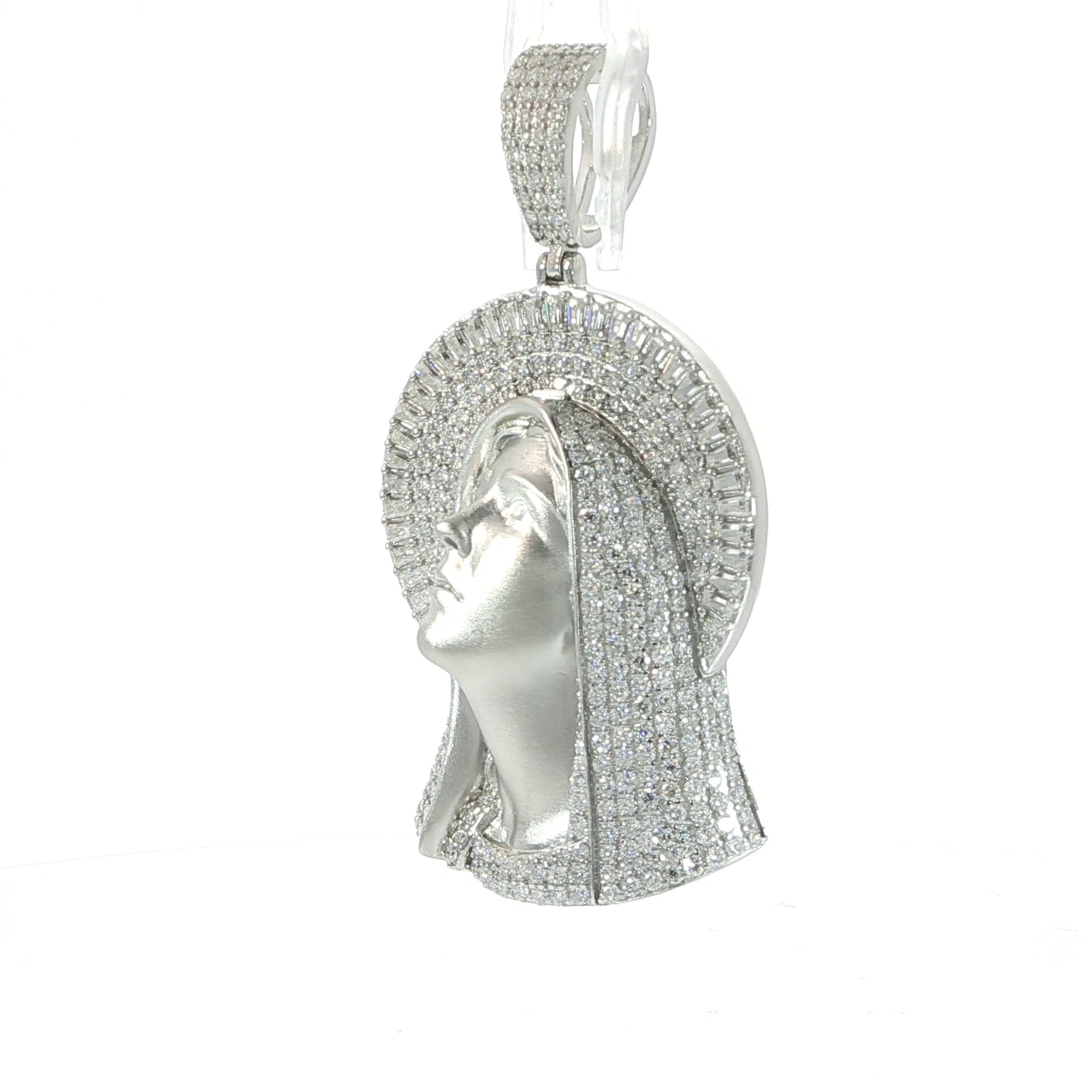 925 sterling silver Virgin Mary detailed face pendant featuring 6.58 CTW VVS moissanite.