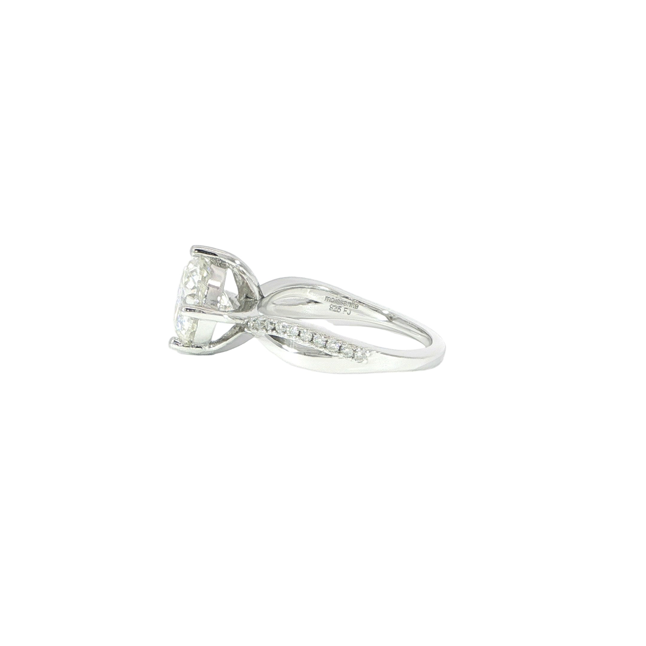 Side view of 4CT moissanite ring with elegant twist band