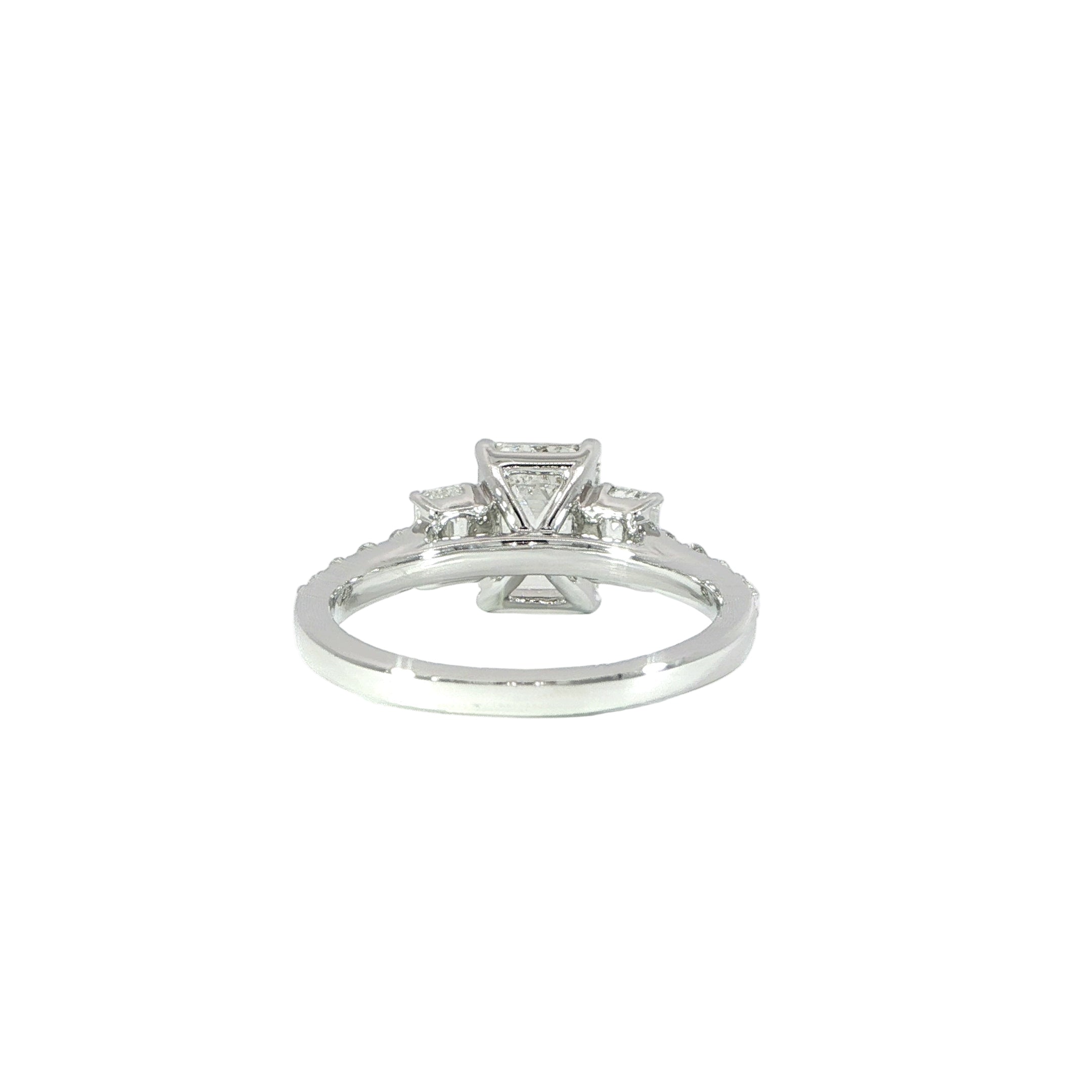 14K gold emerald cut center stone ring with side diamonds back