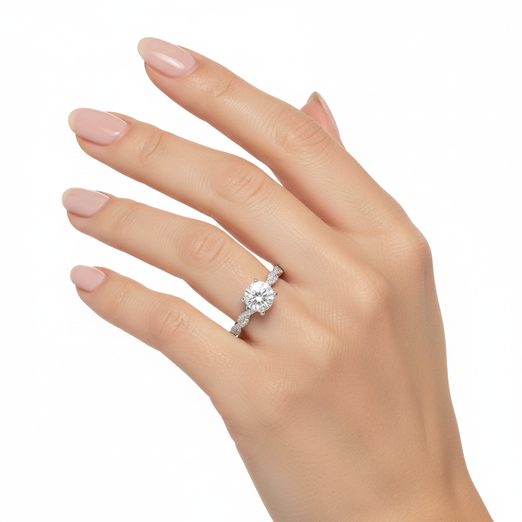 Twisted pave diamond ring with 2 CT round center diamond