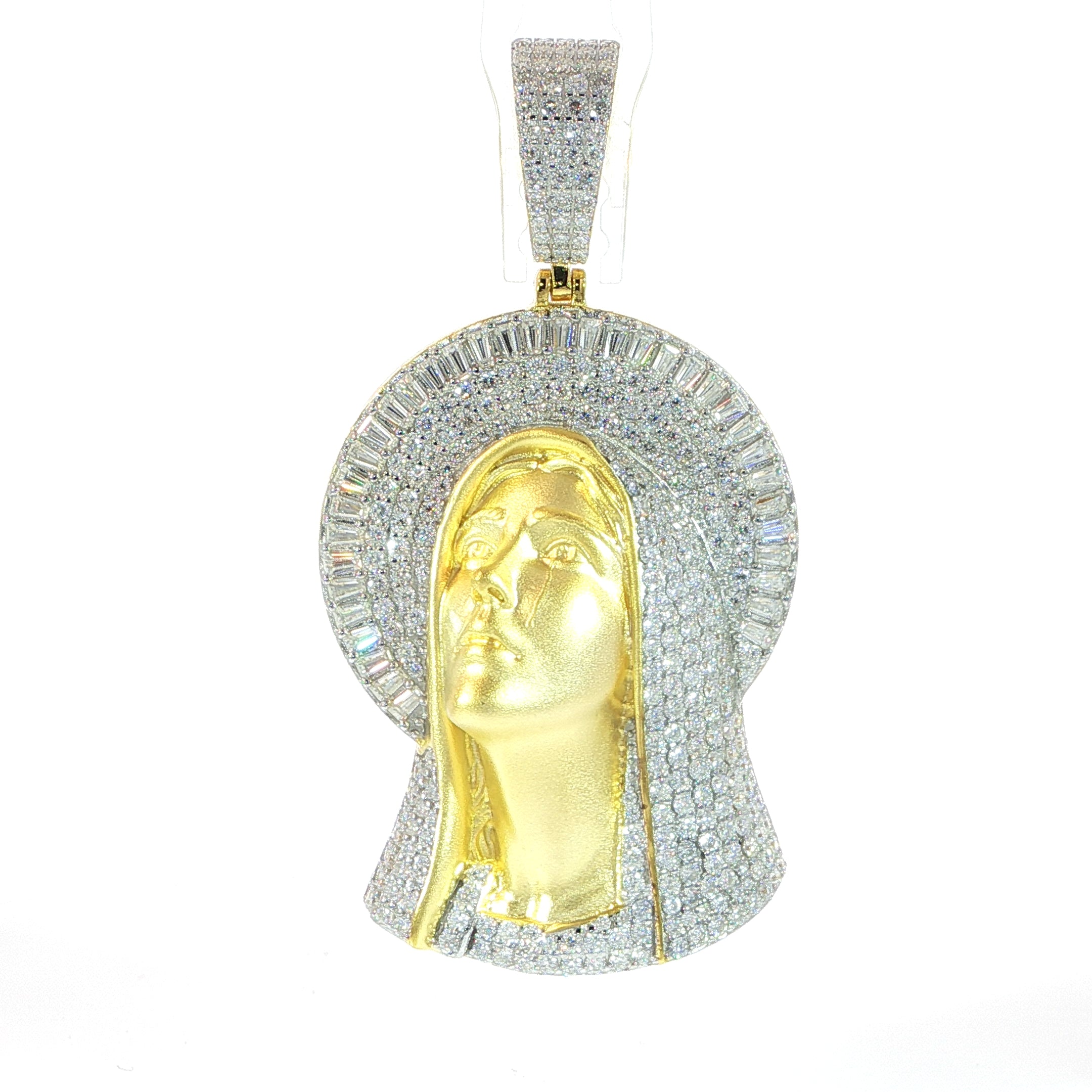Luxury Virgin Mary pendant with gold colored sculpted face and sparkling moissanite.