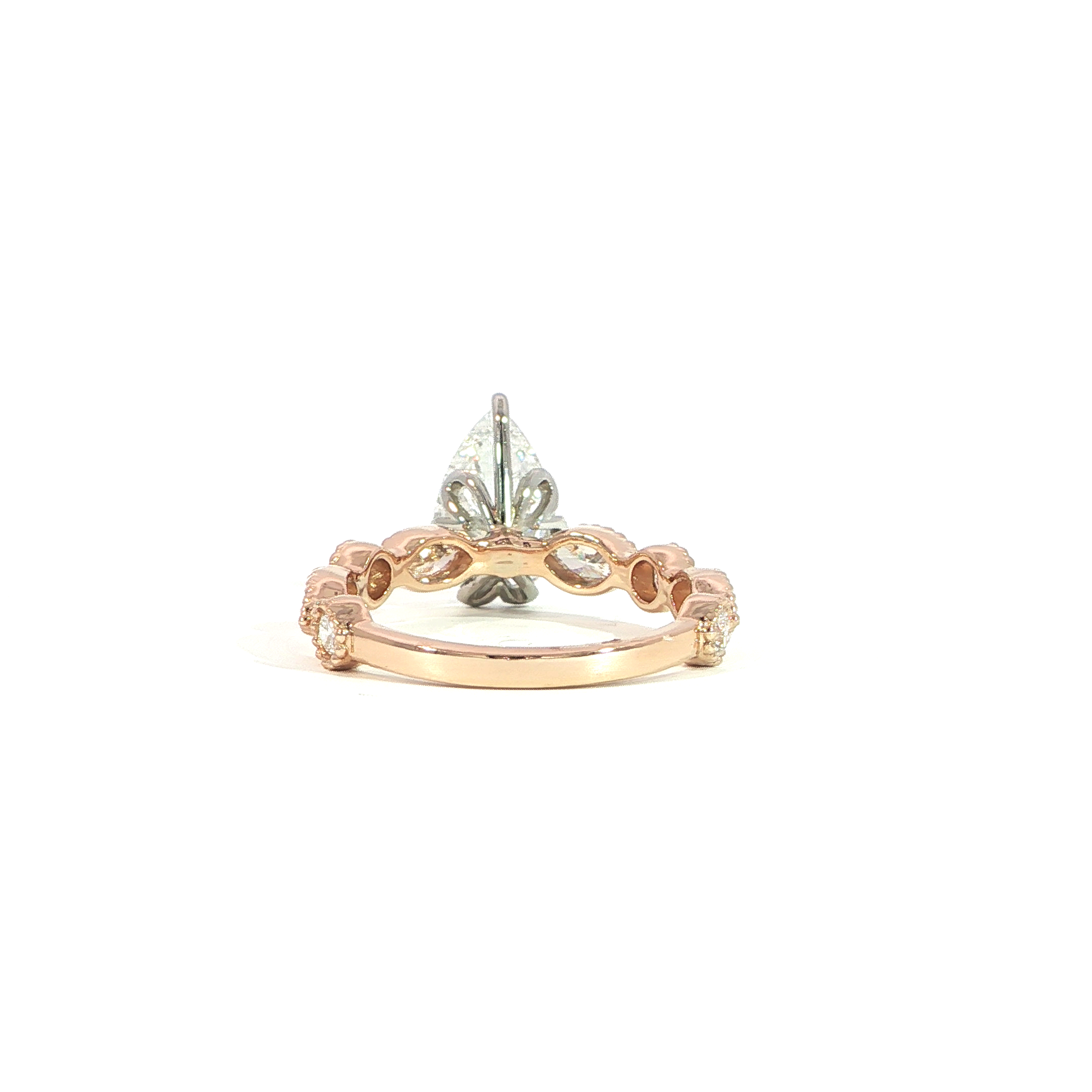Back view 2 carat pear diamond ring with detailed band