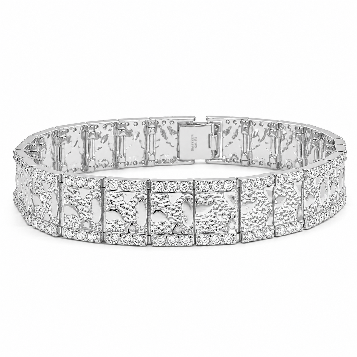 Hip-hop style sterling silver nugget bracelet with VVS moissanite accent borders and luxury craftsmanship.