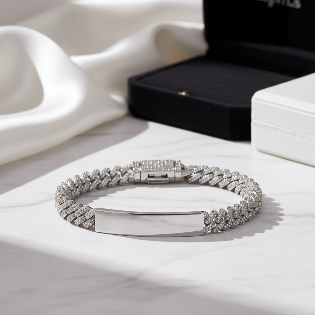 925 sterling silver VVS moissanite Cuban ID bracelet with polished nameplate and pavé links