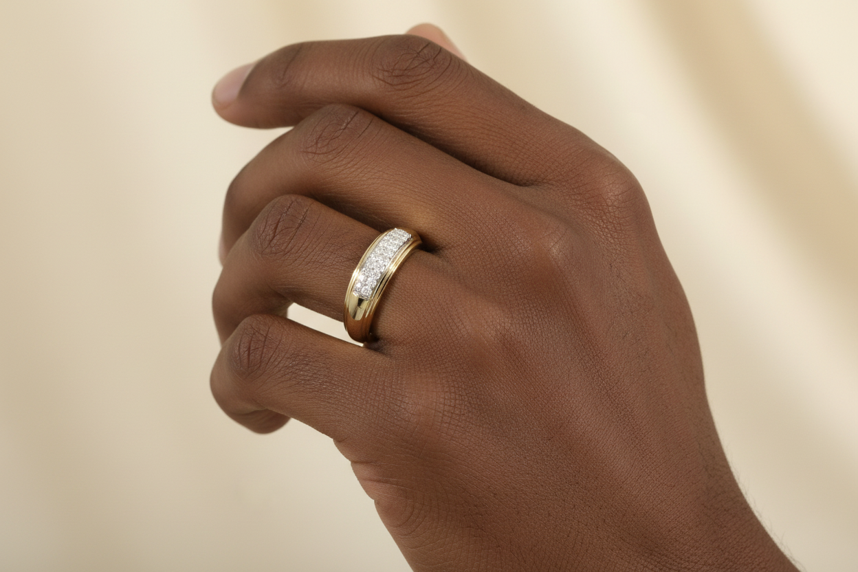 Hand model yellow gold diamond band
