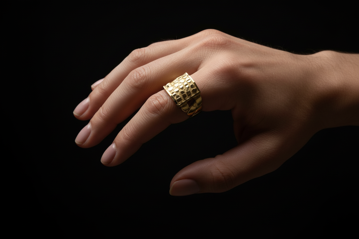 Yellow gold nugget fashion ring hand model