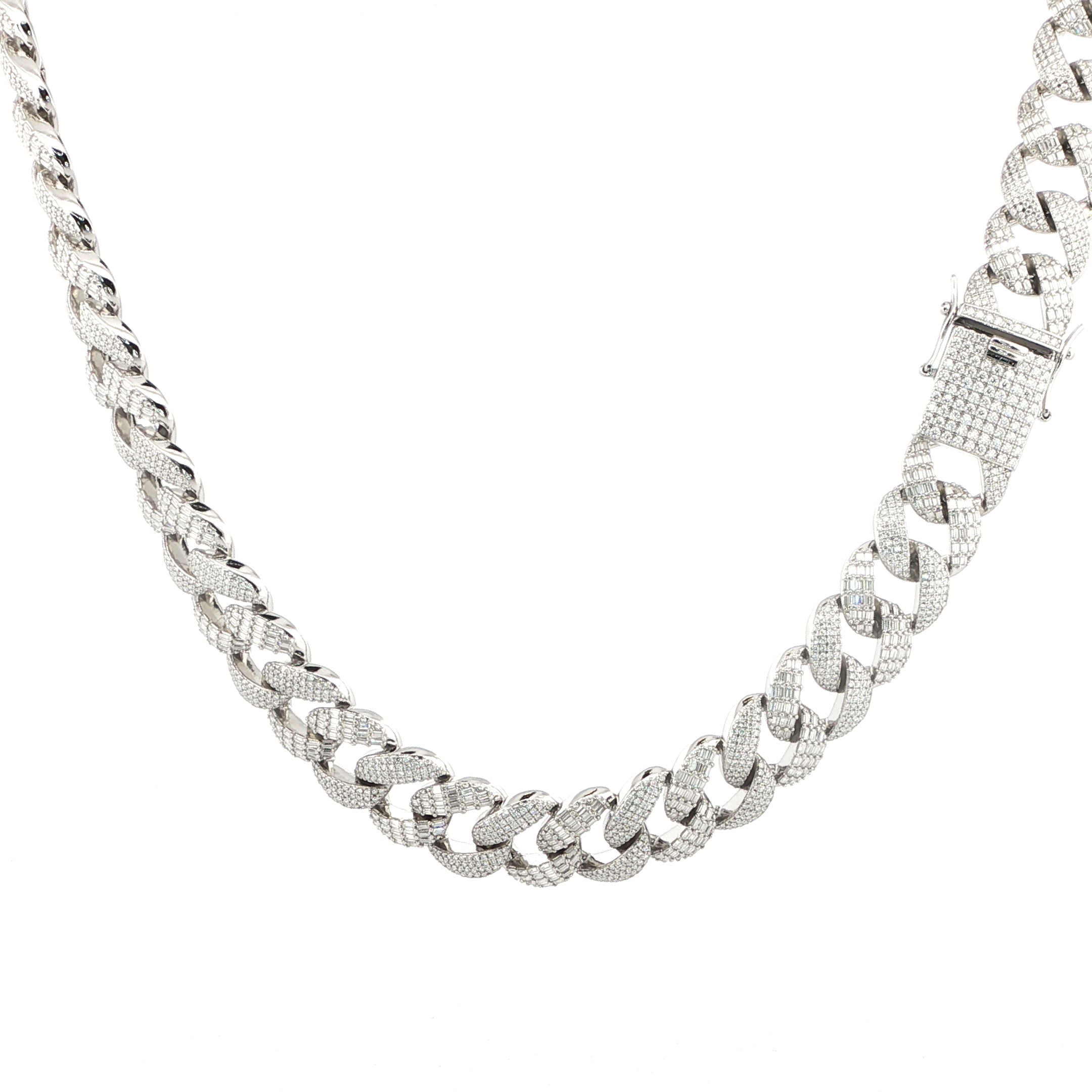 Sterling Silver Solid Miami Cuban Chain Necklace, 16mm, VVS Moissanite Stones, 42.21 Total Carats