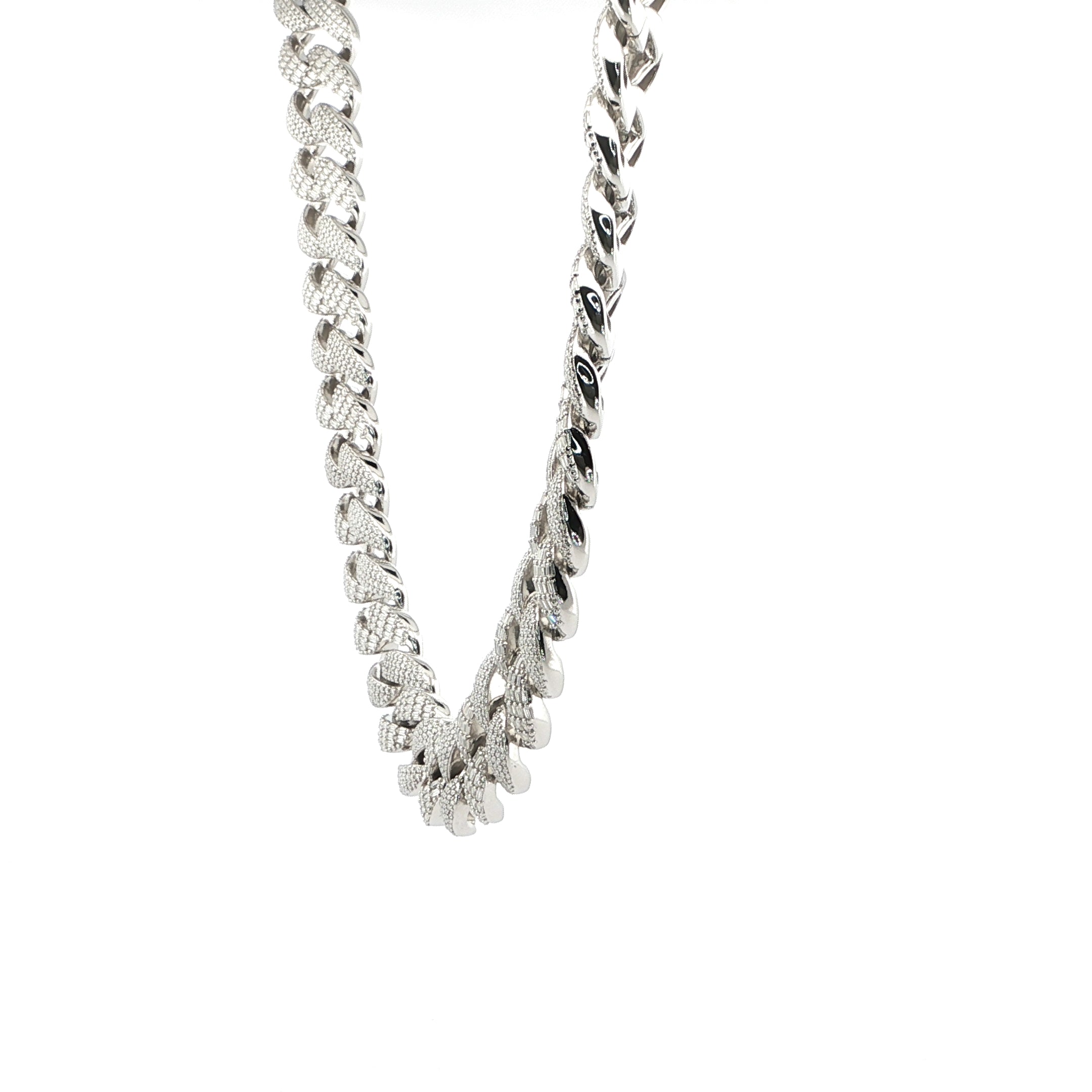 Sterling Silver Solid Miami Cuban Chain Necklace, 16mm, VVS Moissanite Stones, 42.21 Total Carats