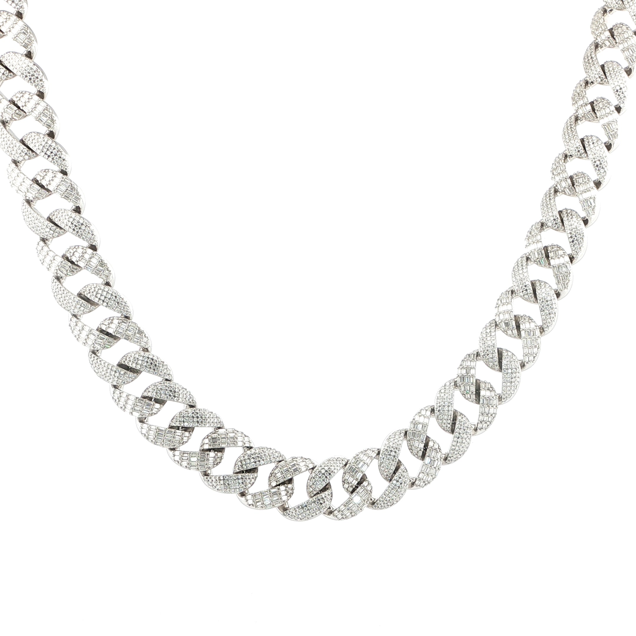 Sterling Silver Solid Miami Cuban Chain Necklace, 16mm, VVS Moissanite Stones, 42.21 Total Carats