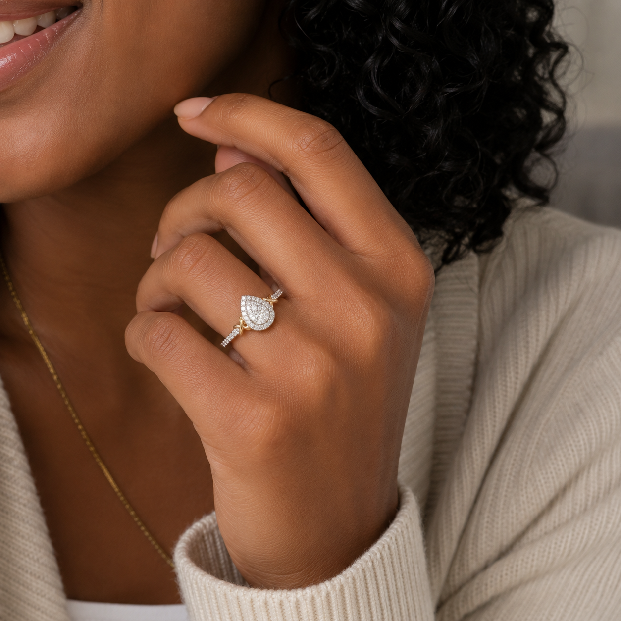 10K Yellow Gold Pear Cluster Ring with Halo