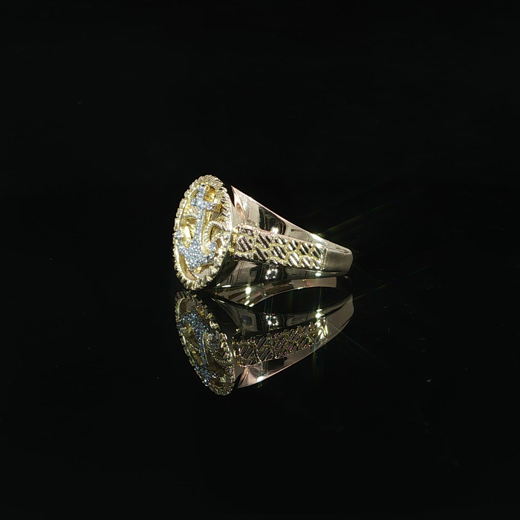 Men's natural diamond anchor signet ring crafted in 10K yellow gold