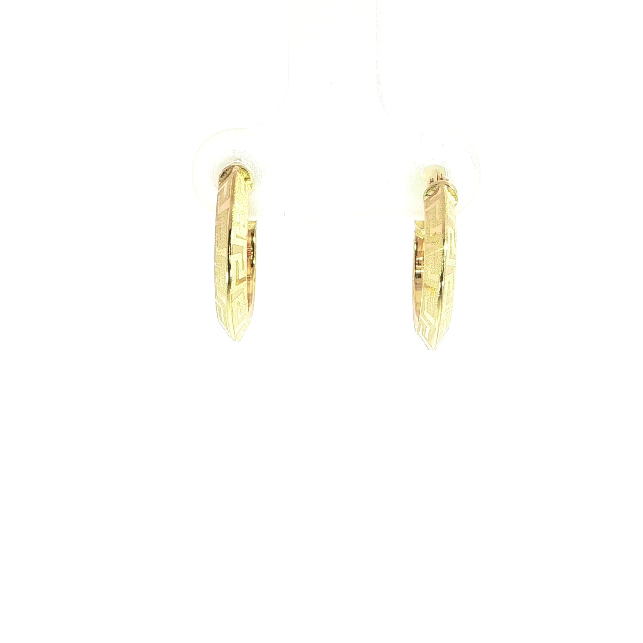 10K gold double sided Greek Key hoop earrings with engraved pattern