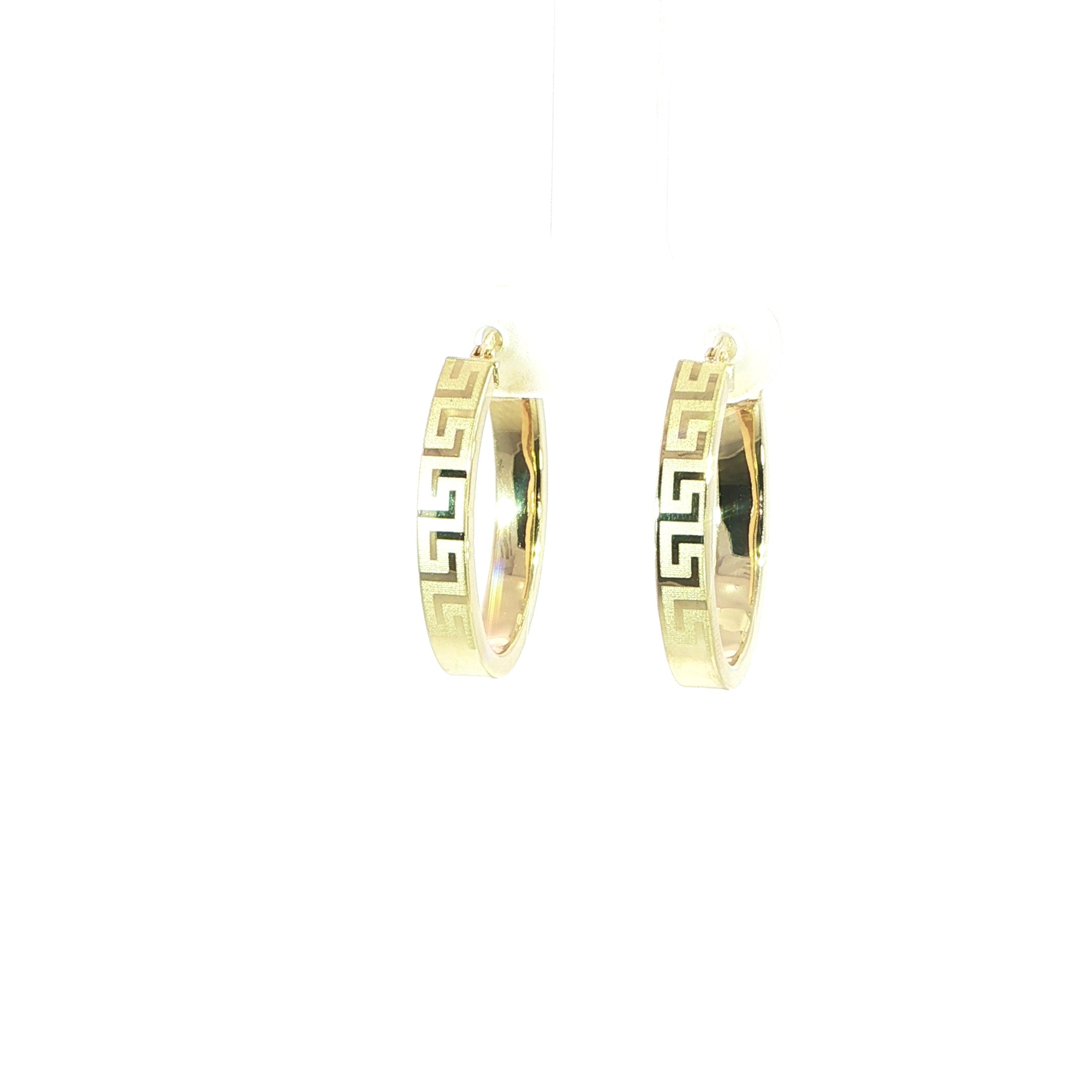 10K gold oval Greek Key hoop earrings with engraved designer pattern.