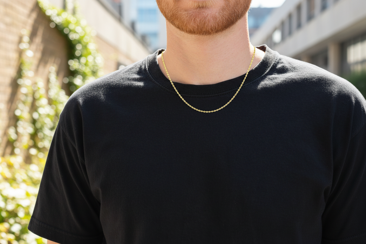 Model Wearing 10K Gold Diamond-Cut Rope Chain Necklace