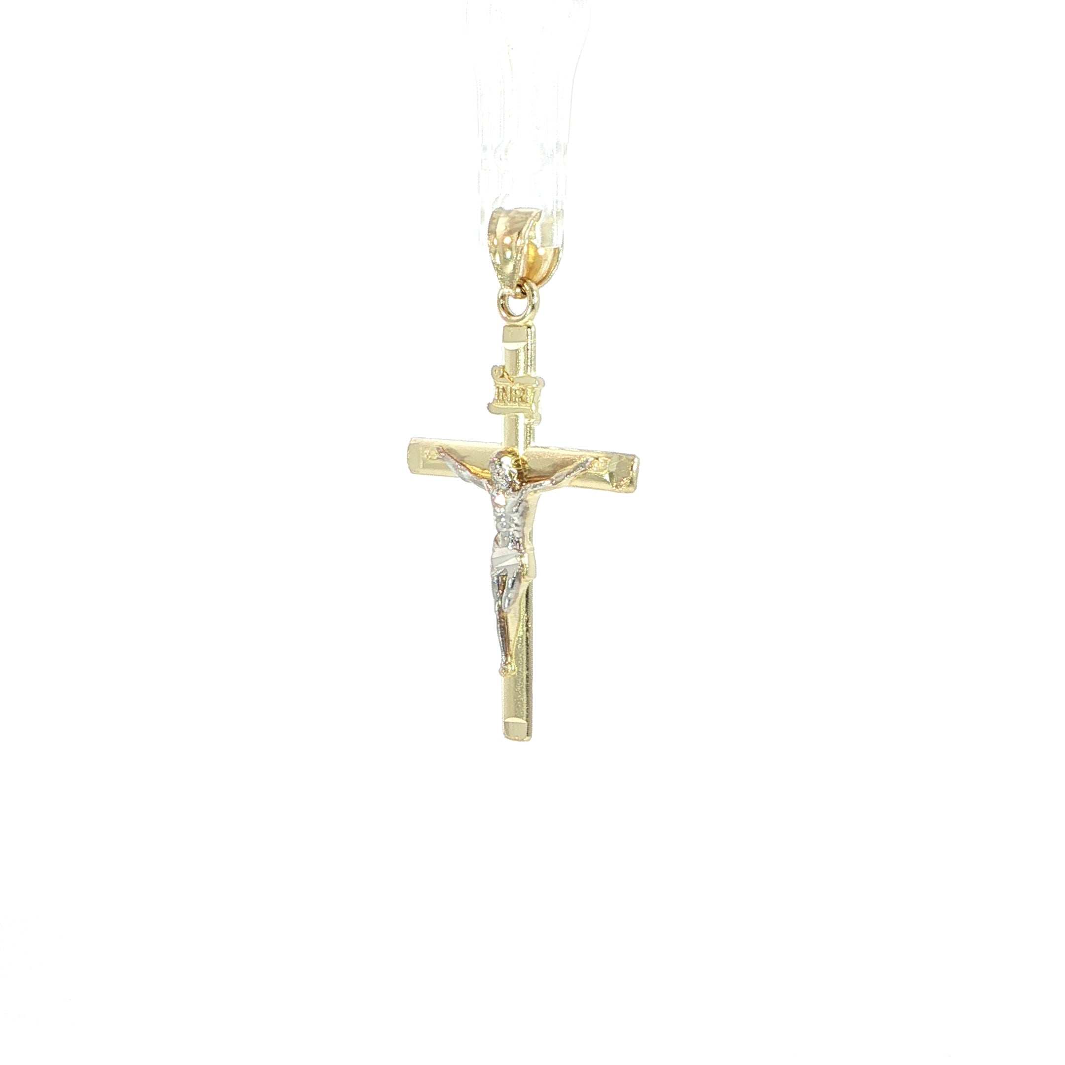 Classic 10K yellow gold Jesus cross pendant with INRI plaque.