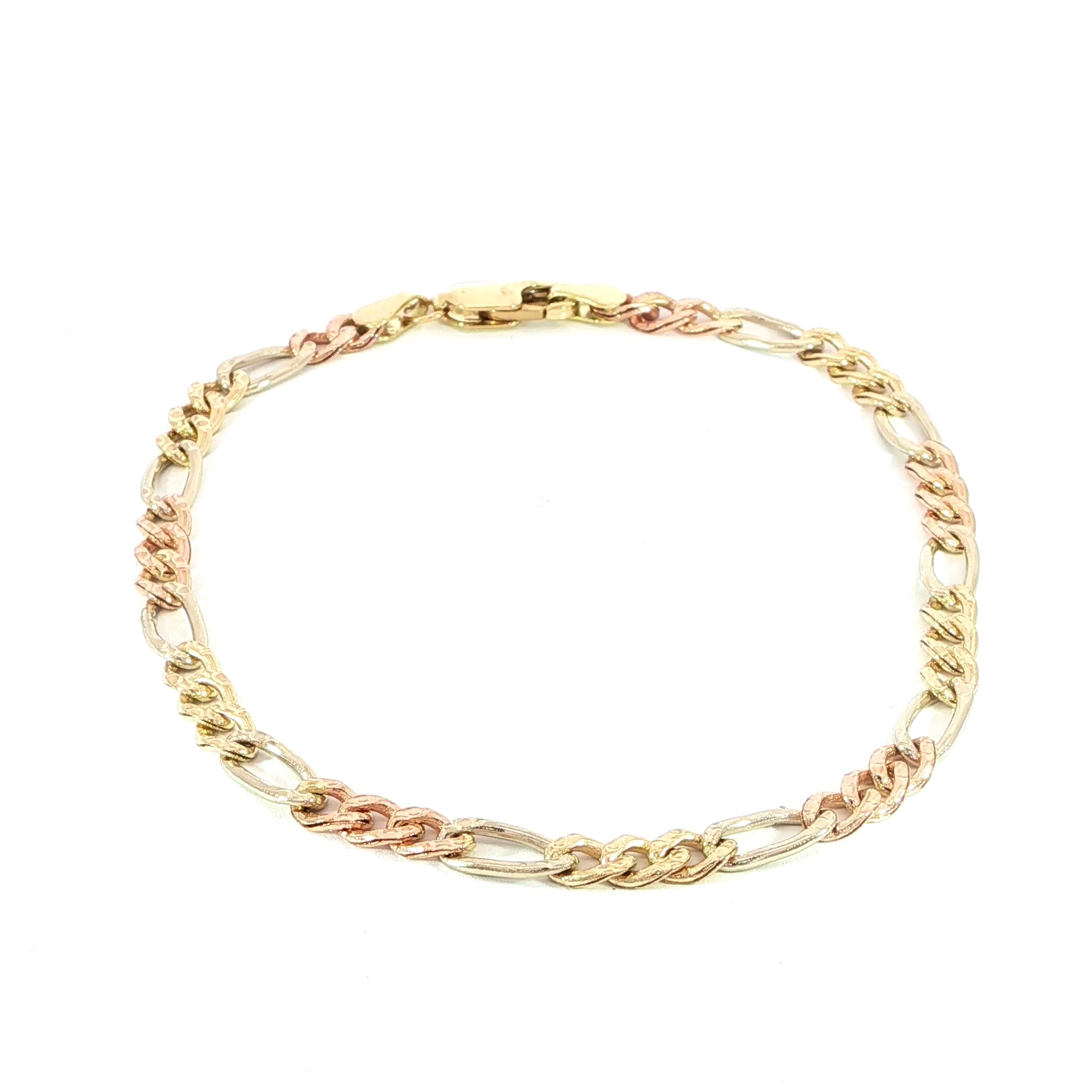 10K tri-color gold Figaro bracelet with polished links