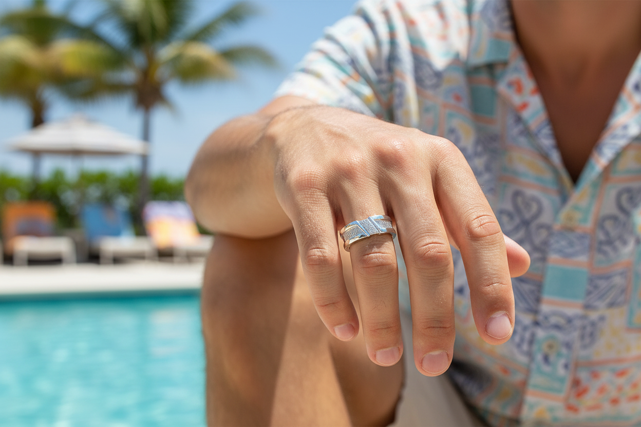 Model wearing 10k white gold mens diamond band 9mm