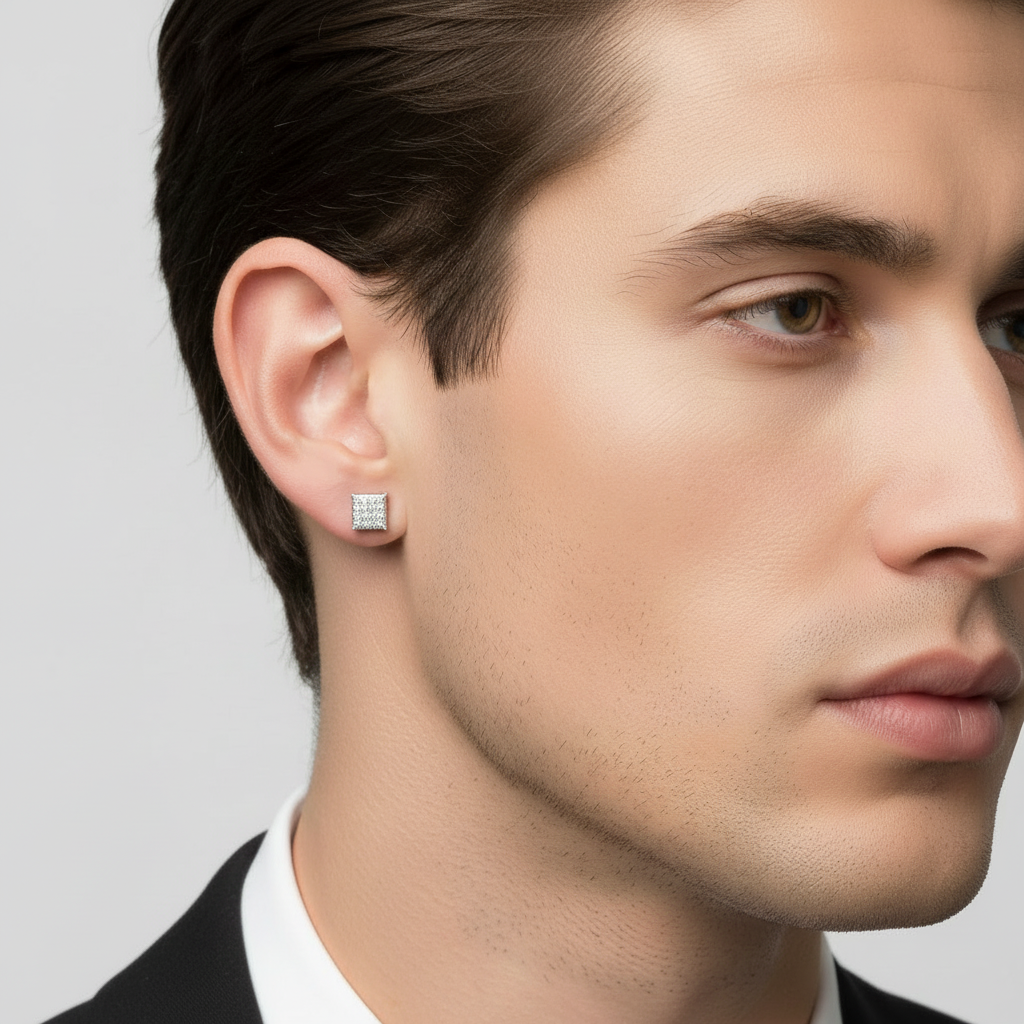 Male wearing 6MM square cluster natural diamond earrings in 10K white gold