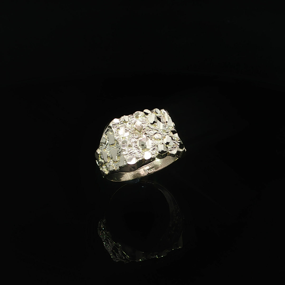 Upright front view of a 10K yellow gold nugget ring showing its 14 mm top.