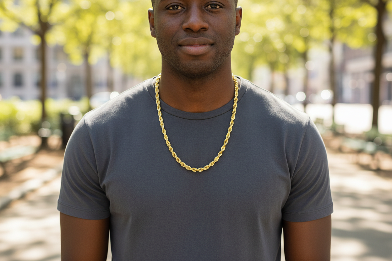 Model Wearing Thick Diamond-Cut Semi-Hollow Rope Chain Necklace In 10K Yellow Gold.