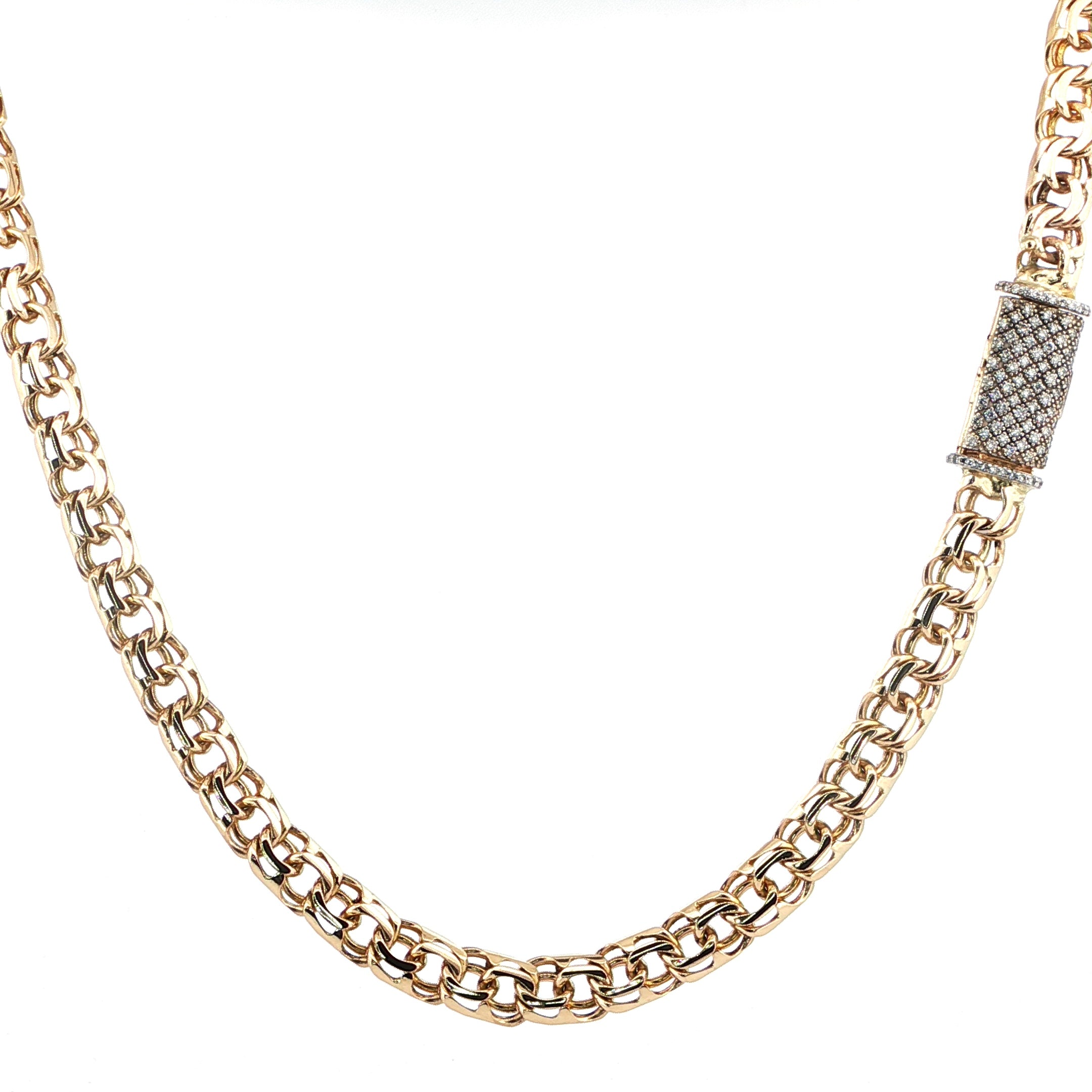 Front view of 10K Yellow Gold Byzantine-Style Link Chain with pavé lab-grown diamond box clasp