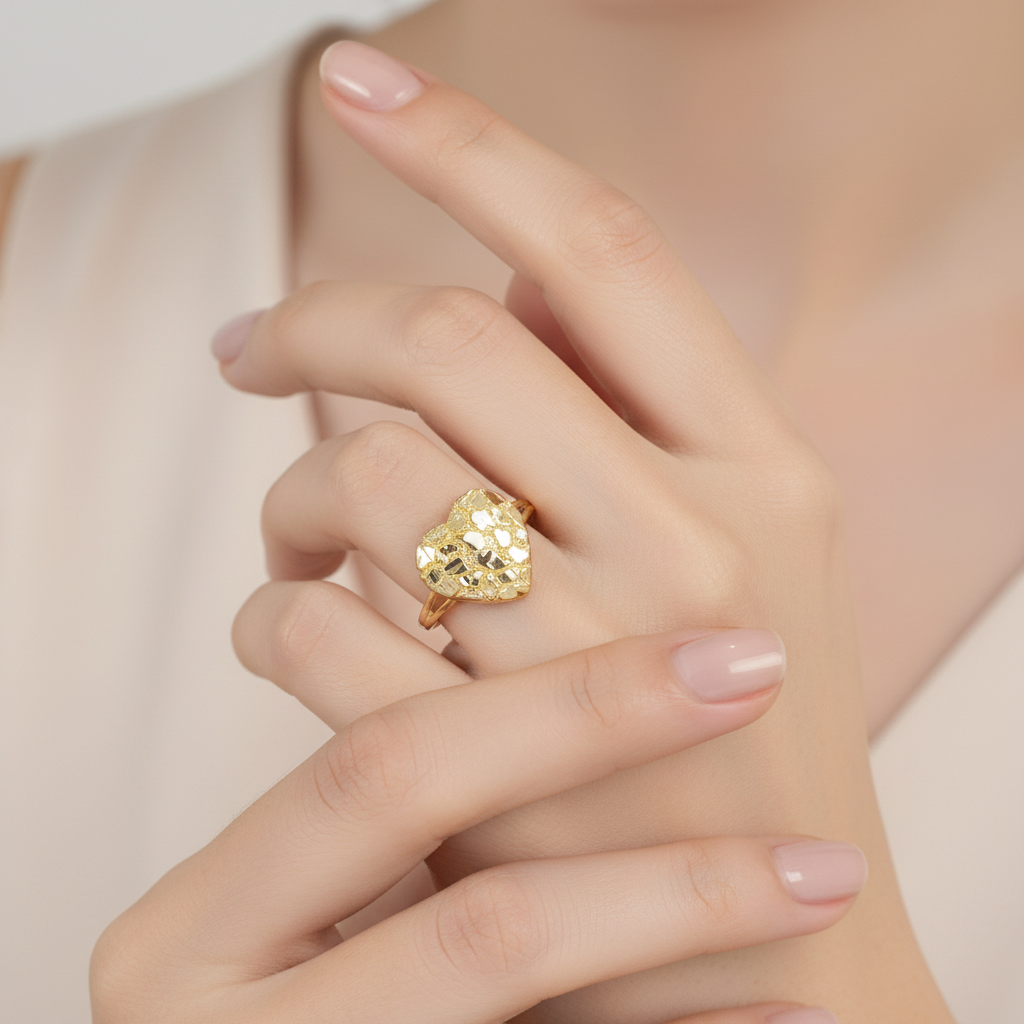 10K Yellow Gold Heart Nugget Ring 14mm