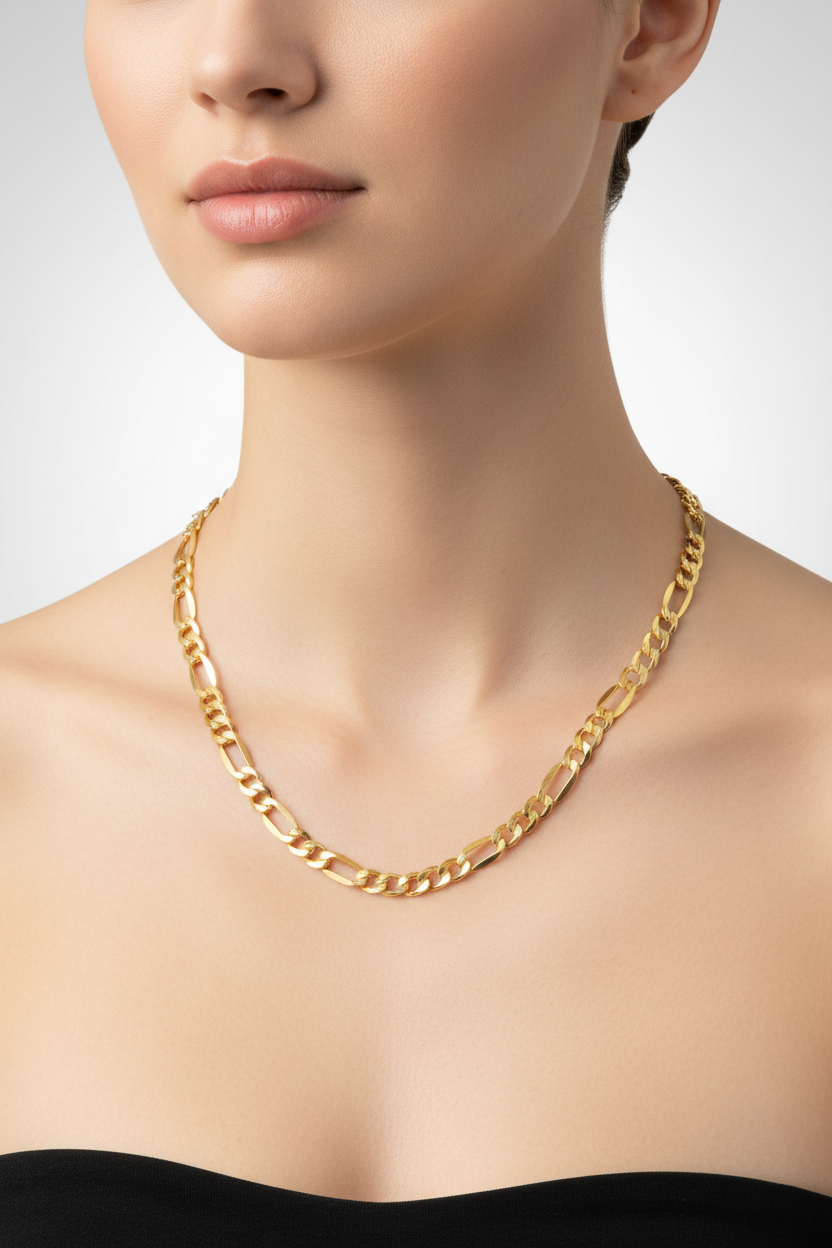 Model Wearing 10K Yellow Gold High Polish Figaro Chain 8.5MM