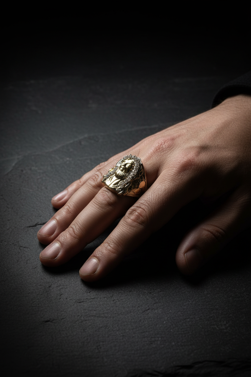 10K Yellow Gold Jesus Head Diamond Ring Hand Model