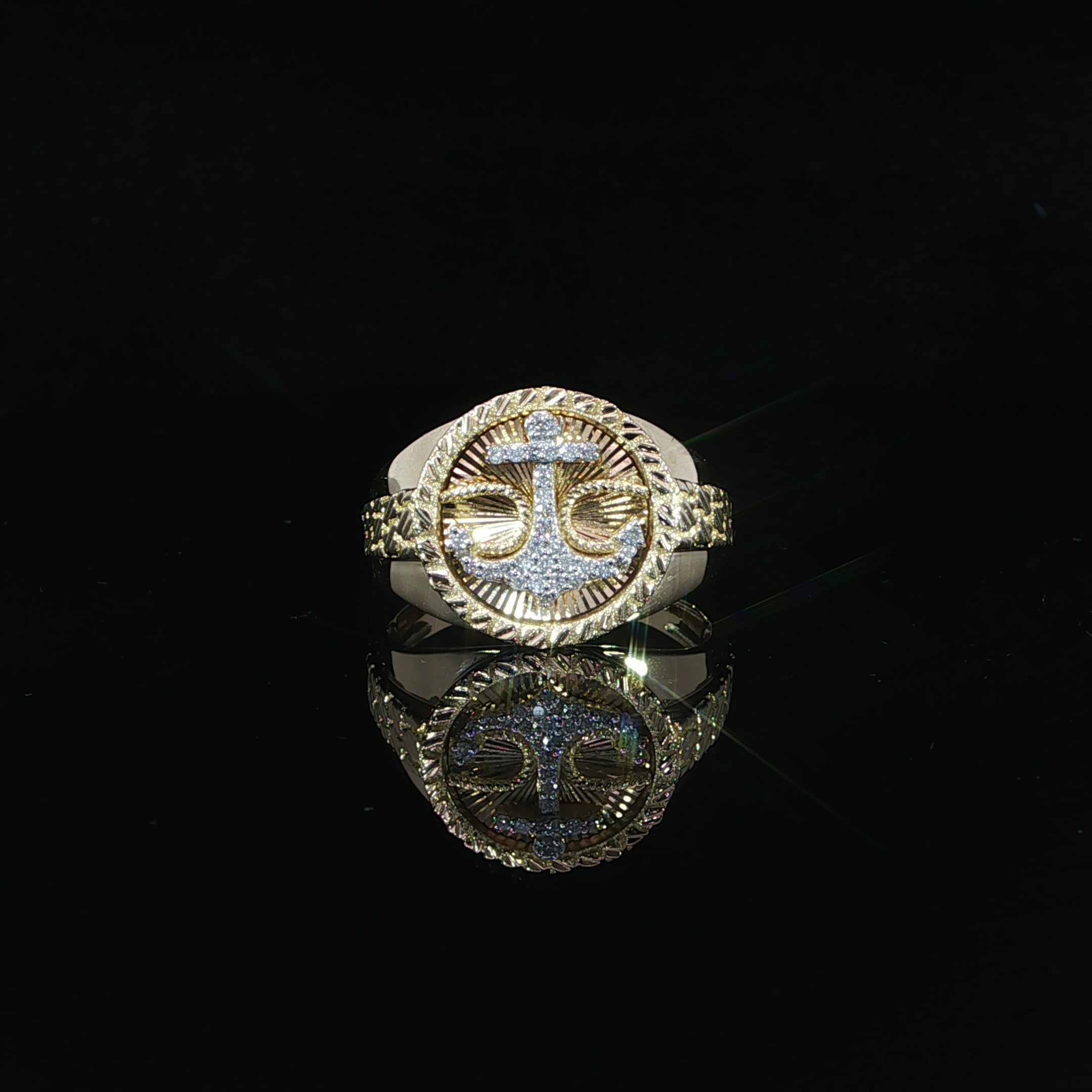 Men's 10K yellow gold natural diamond anchor signet ring with 0.14 CTW