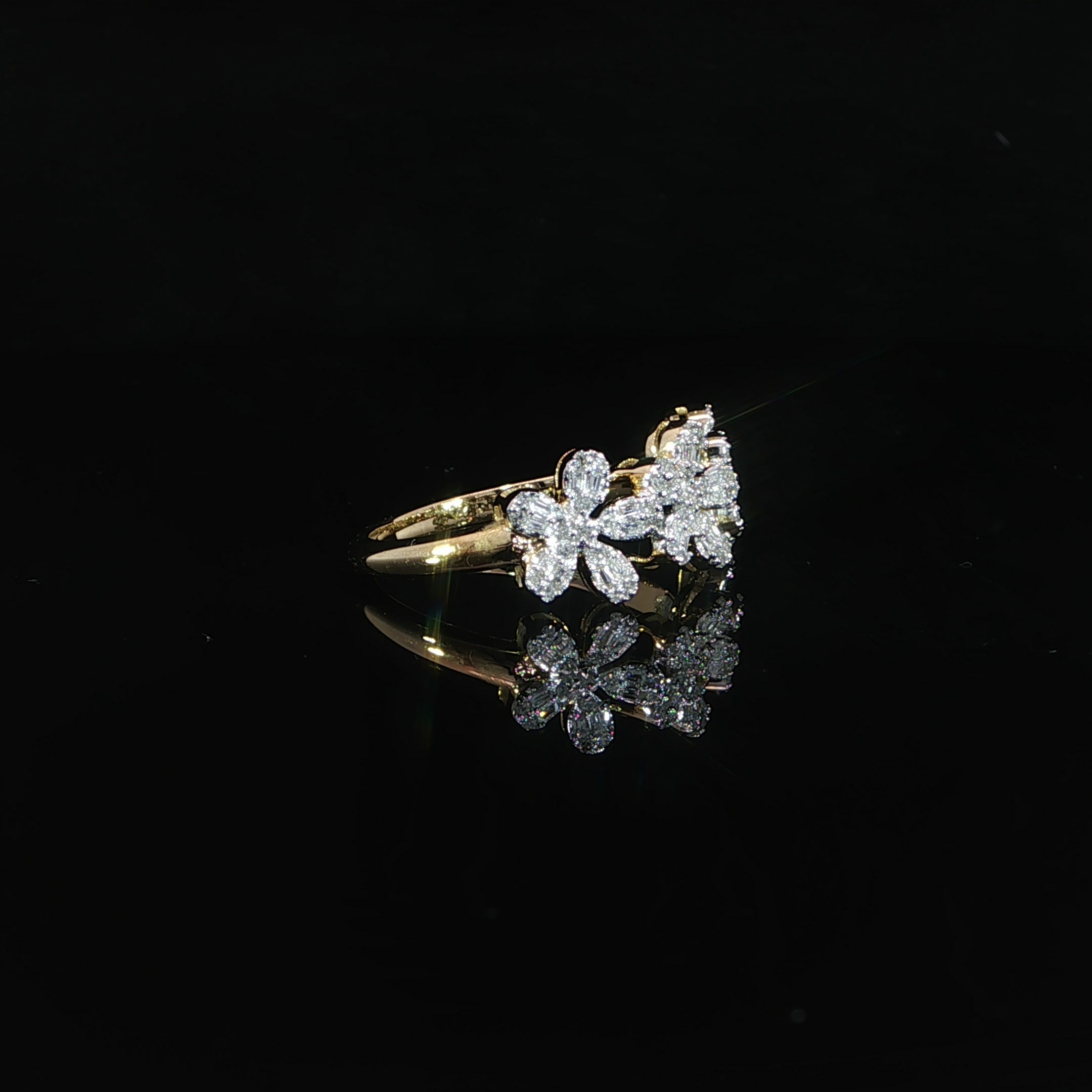 Three-flower natural diamond cluster ring in 10K yellow gold