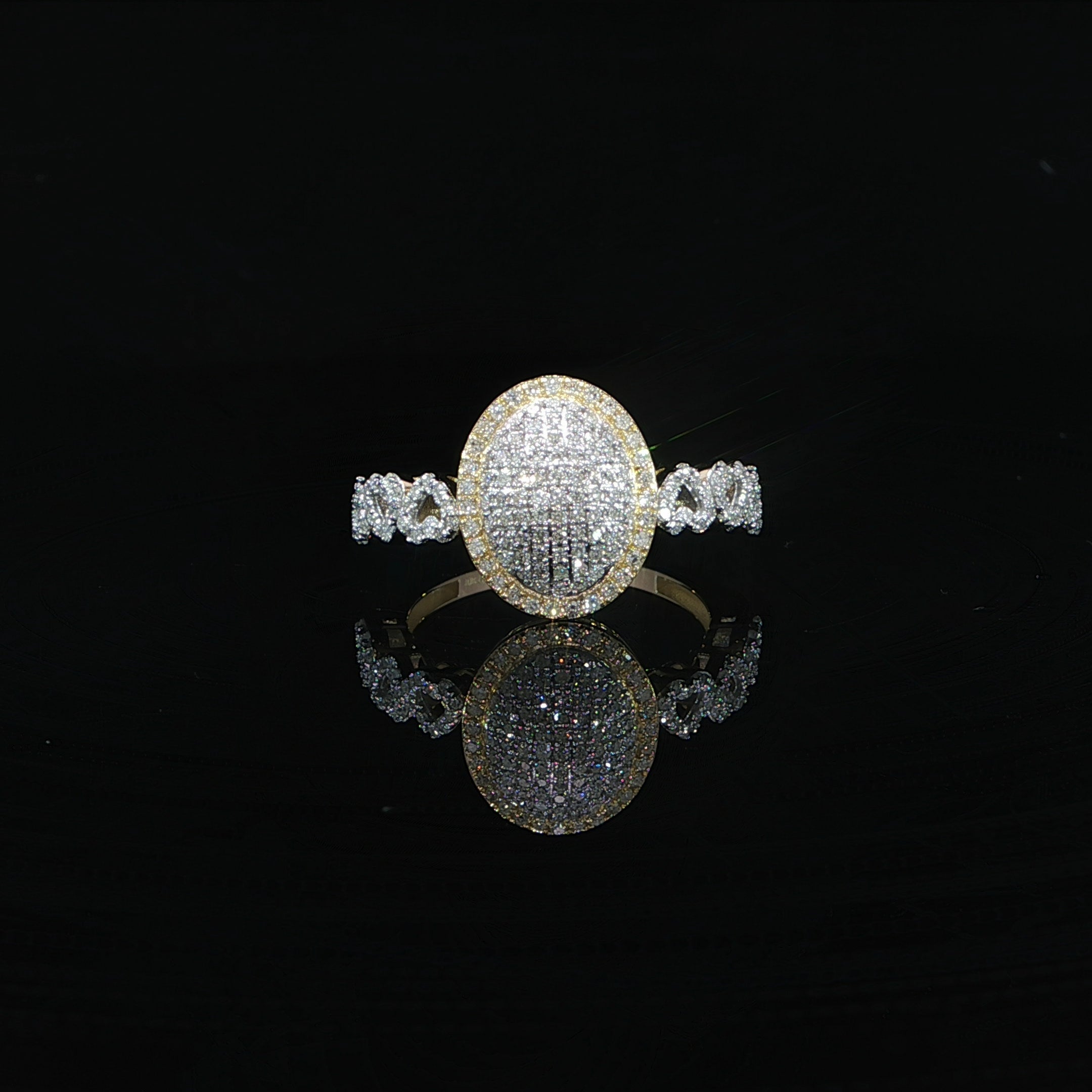 10K yellow gold oval pavé diamond cluster statement ring with heart link band