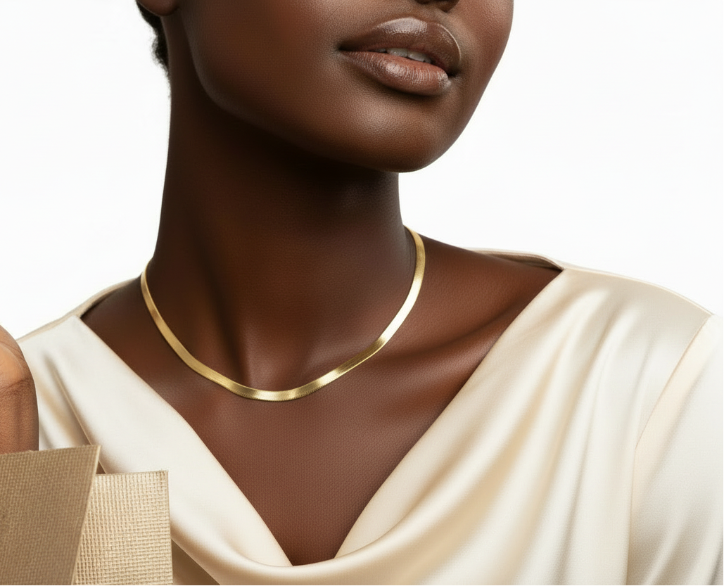 Model Wearing 10K Yellow Gold 7MM Solid Herringbone Chain Necklace.