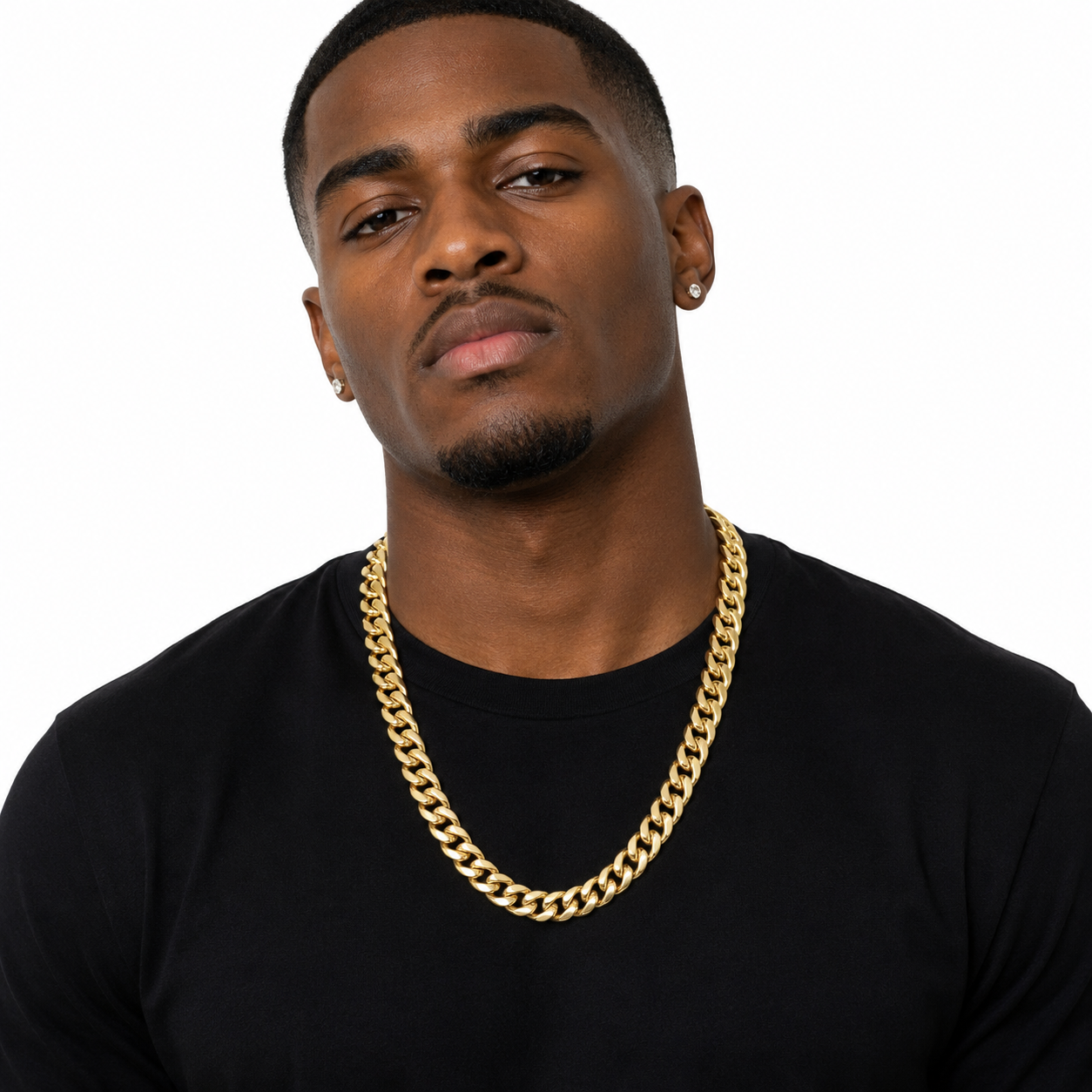 Model Wearing 10K Yellow Gold Thick Monaco Branded Cuban Chain Necklace In 15MM.