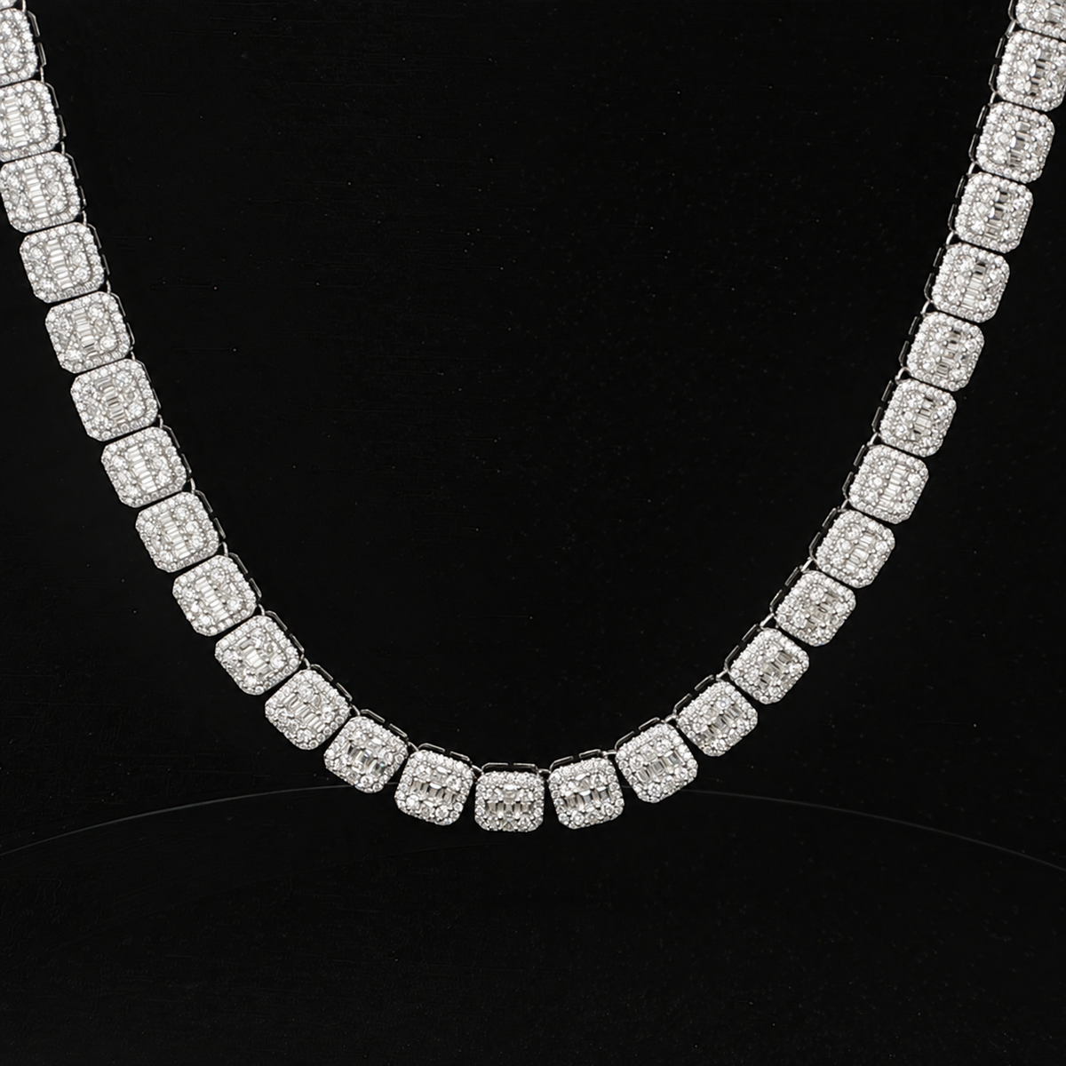 Front view 11 mm sterling silver baguette cluster moissanite tennis chain