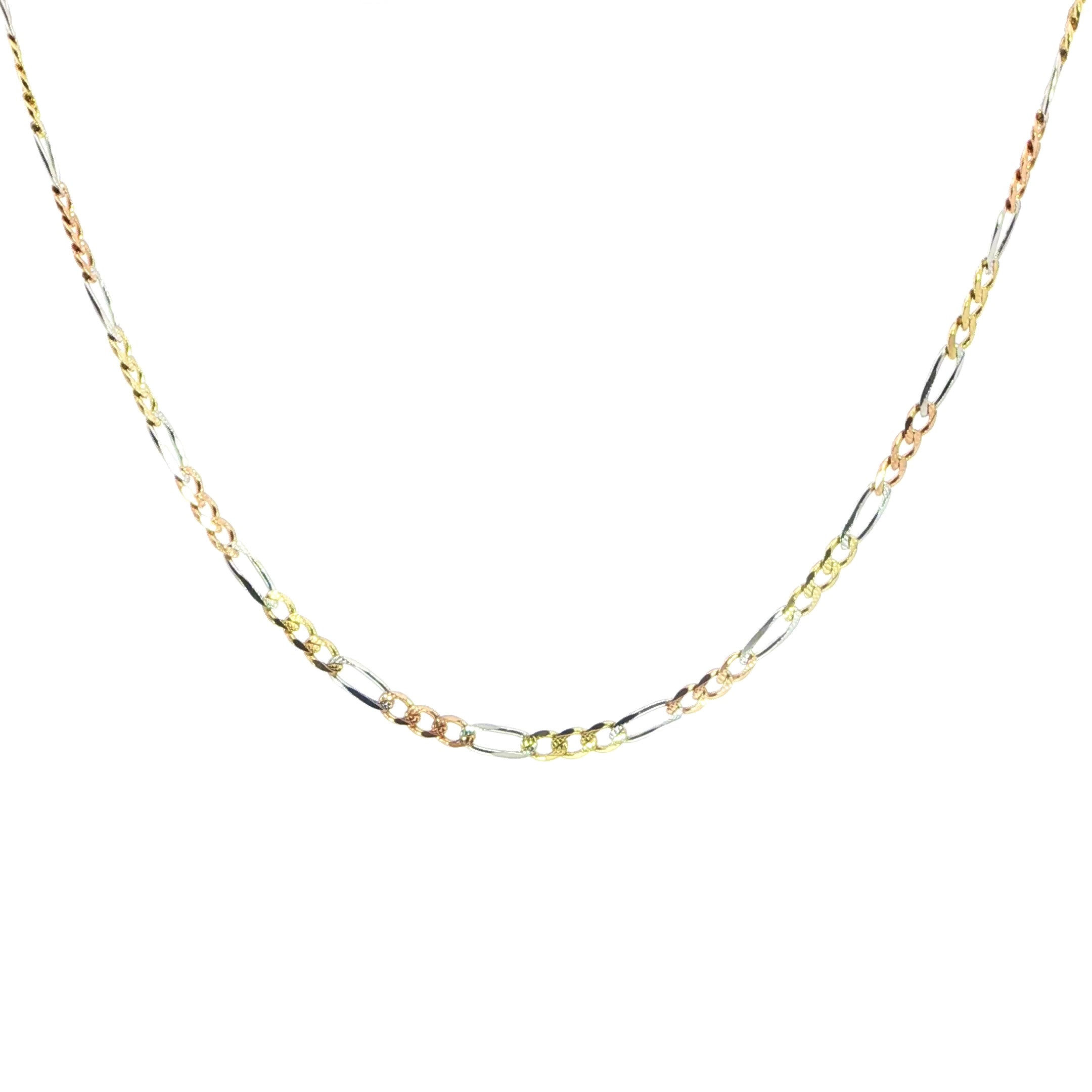14K Solid Figaro 3-Color Chain Necklace - 4.4 MM