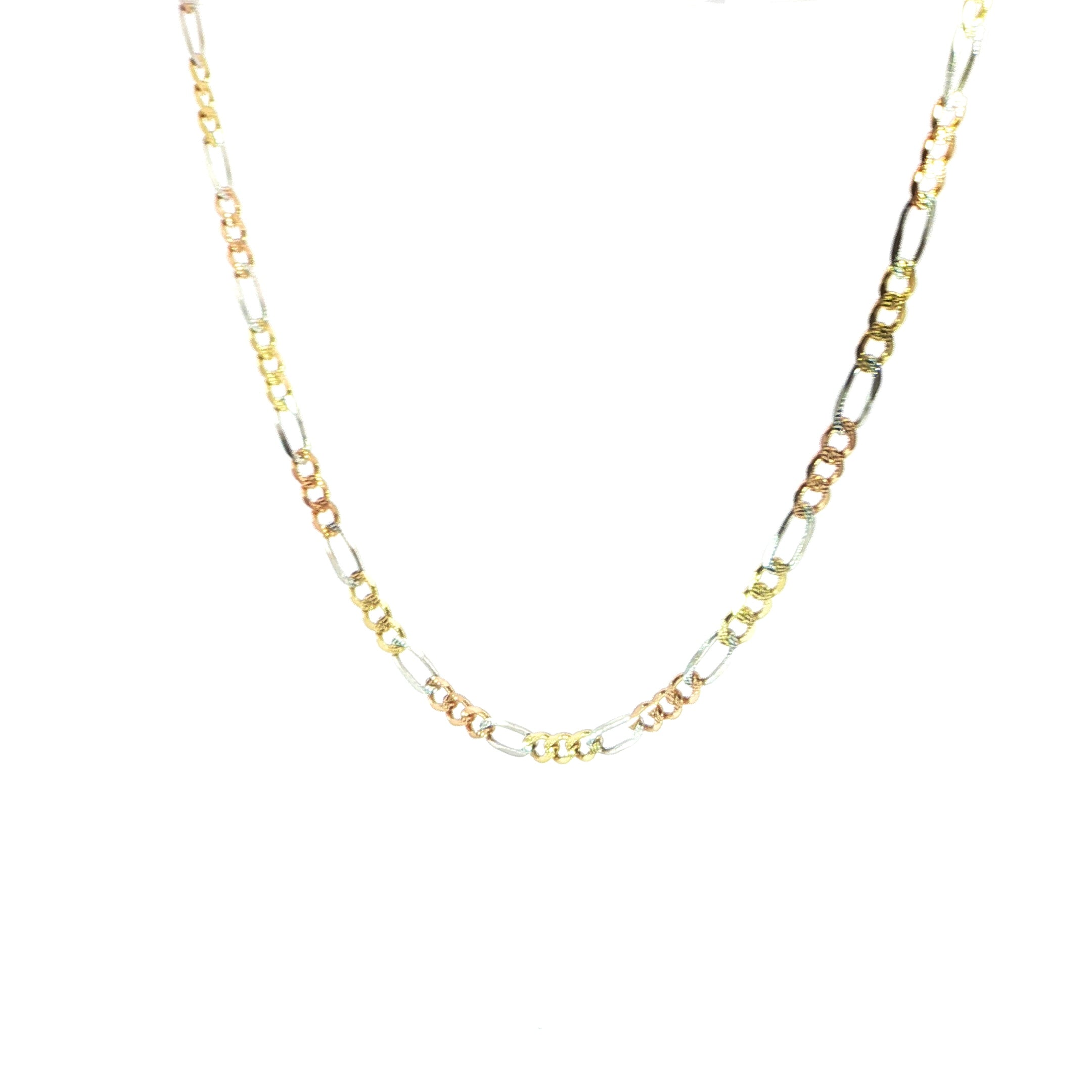 14K Solid Figaro 3-Color Chain Necklace - 4.4 MM