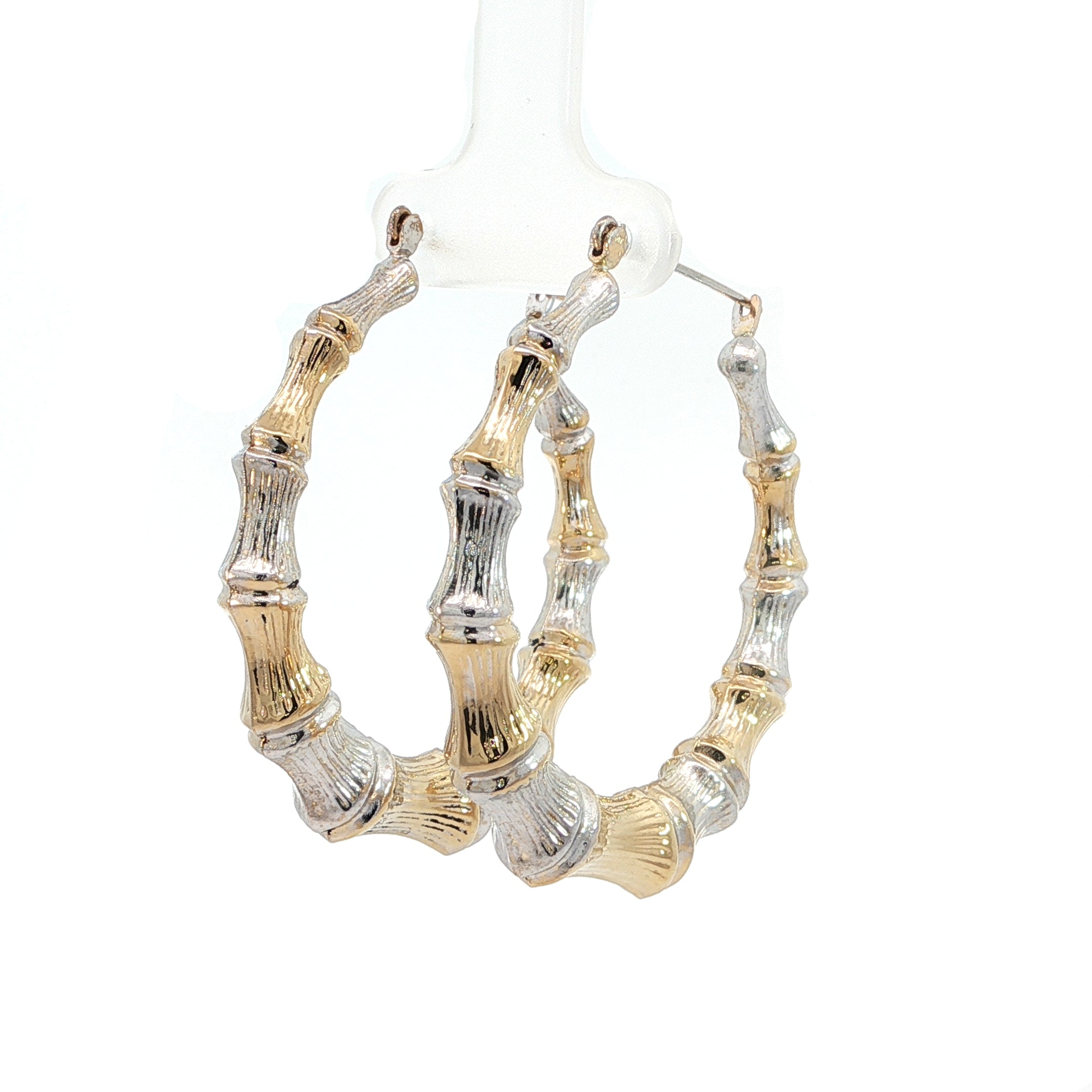 14K two-tone yellow and white gold bamboo hoop earrings