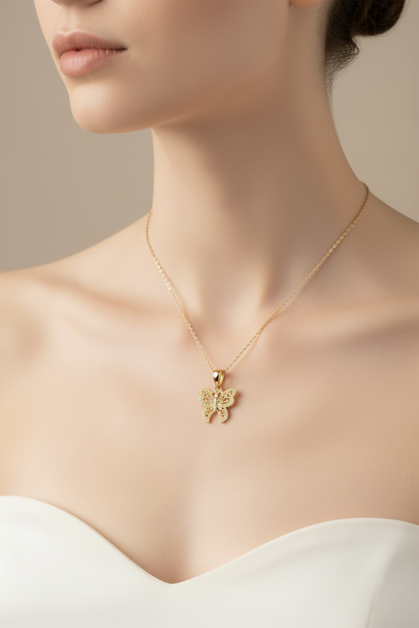 14K Gold Filagree Butterfly Pendant – 0.15 CTW