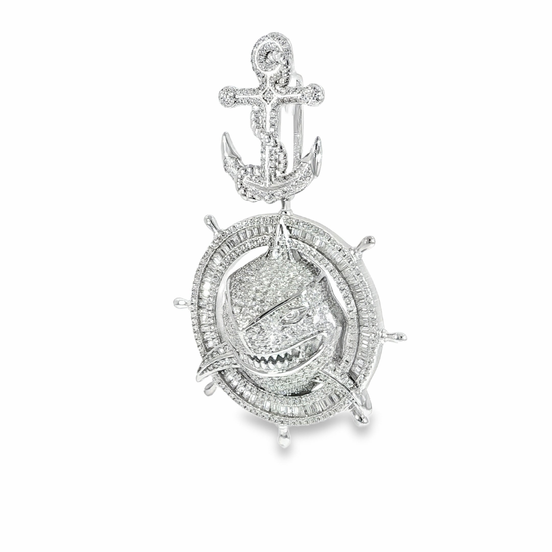 Sterling Silver 45mm Iced Anchor & Shark Pendant with Moissanite Stones