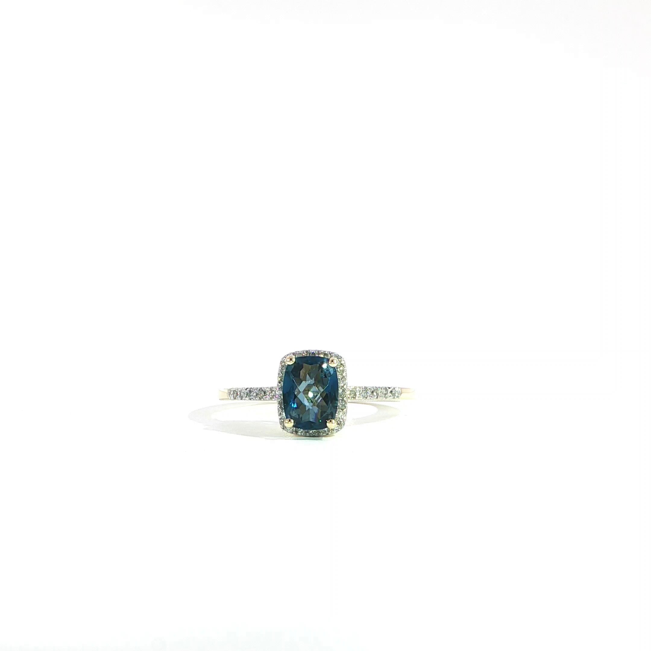 14K yellow gold blue topaz diamond halo ring