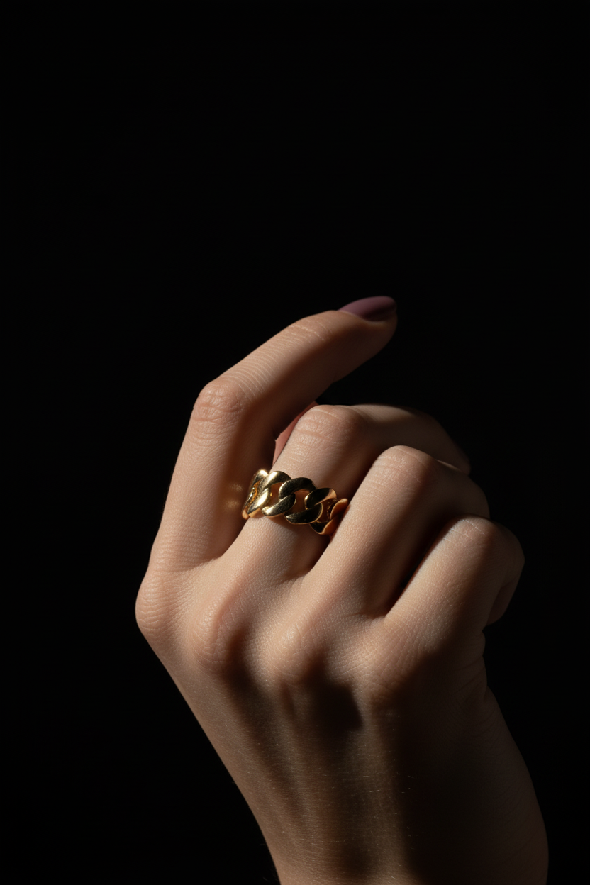14k cuban link gold band 9.5mm hand model