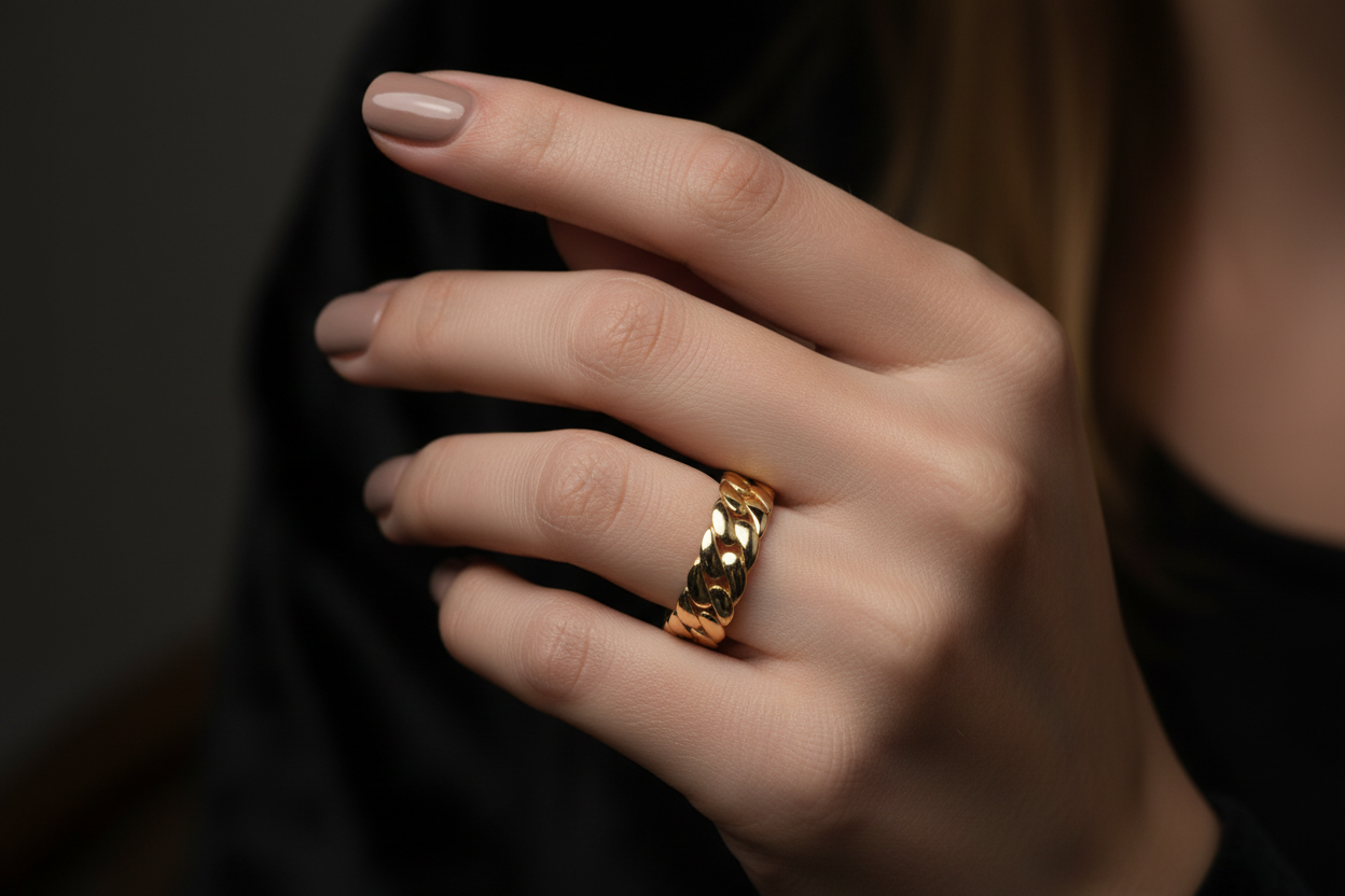 14k cuban link gold band on model