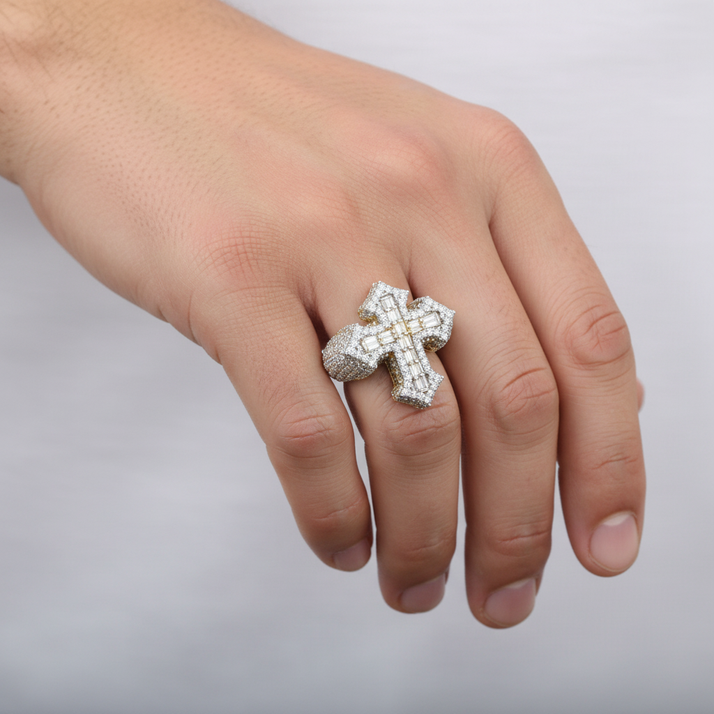 14K yellow gold diamond cross ring with baguette and rounds